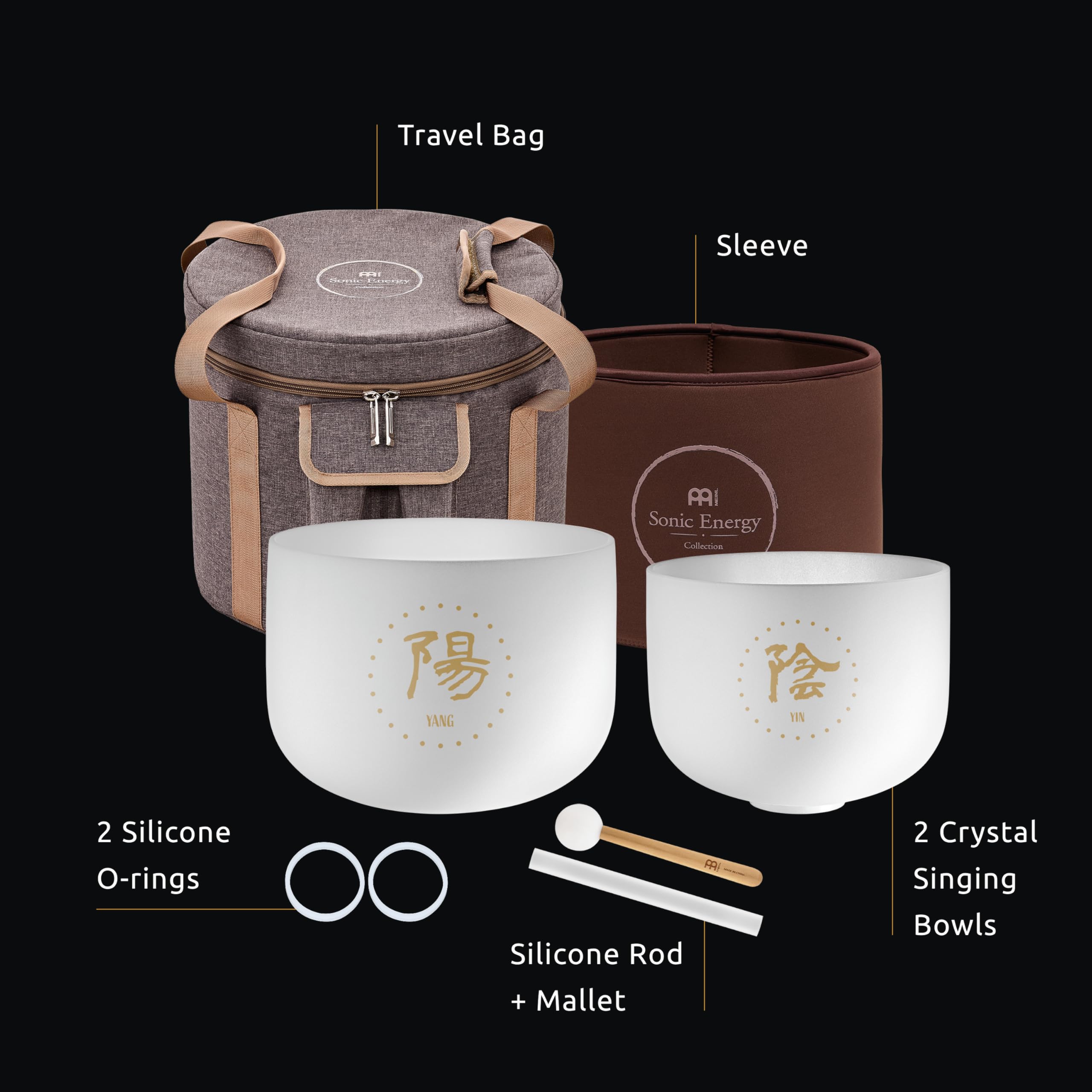 Meinl - Set di 2 campane tibetane in cristallo Sonic Energy Yin/Yang - TCM in quarzo smerigliato sintonizzato con mazzuole, borsa, O-ring, per meditazione, yoga, bagni sonori, guarigione dei chakra