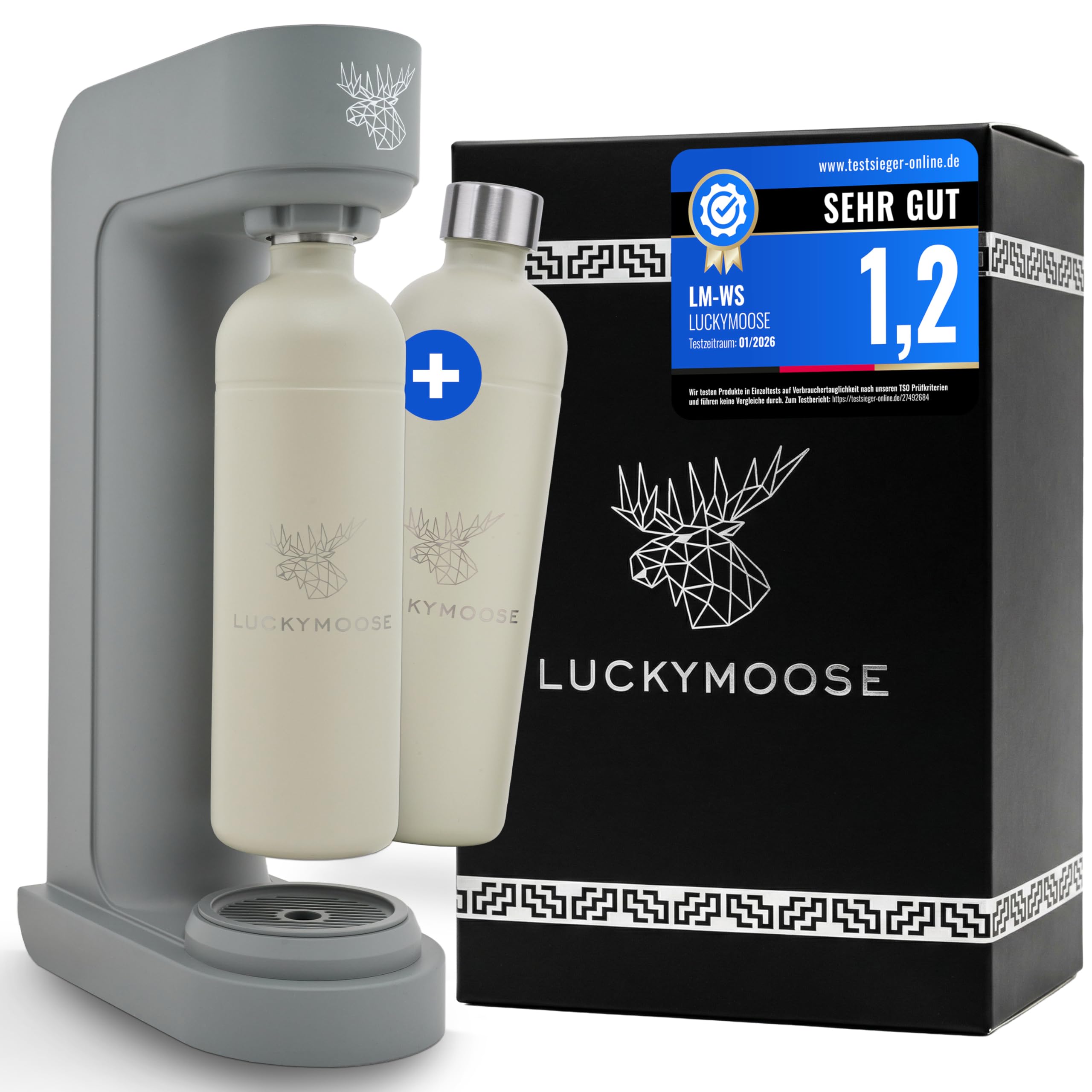 Luckymoose Infinity saturator do wody z 2x 1,25L trwałymi butelkami ze stali nierdzewnej do zmywarki – oszczędna maszyna do wody gazowanej – kompatybilny z niebieskimi cylindrami CO₂ 60l