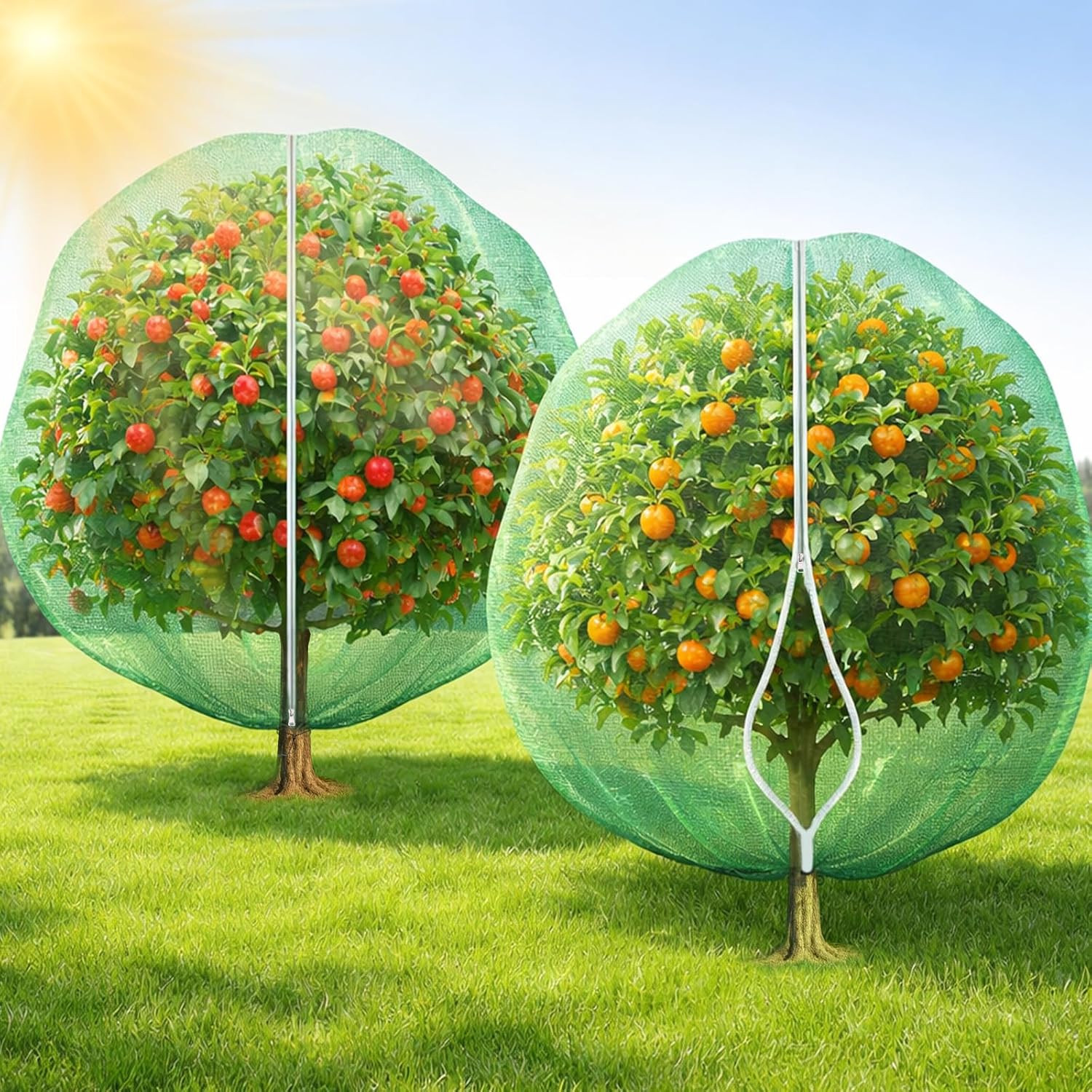 2 Pack Fruit Tree Shade Netting with Zipper & Drawstring, 50% Sunblock Shade Net for Fruit Trees, 7.5 × 7.4 Ft Breathable Mesh Plant Cover for Sun Protection in Garden, Orchard & Backyard