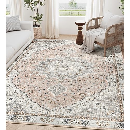 Washable Rug 8x10 Area Rugs for Living Room - Stain Resistant Non-Slip Backing Rugs for Bedroom - Vintage Large Area Rug (Peach/Gray, 8'x10')