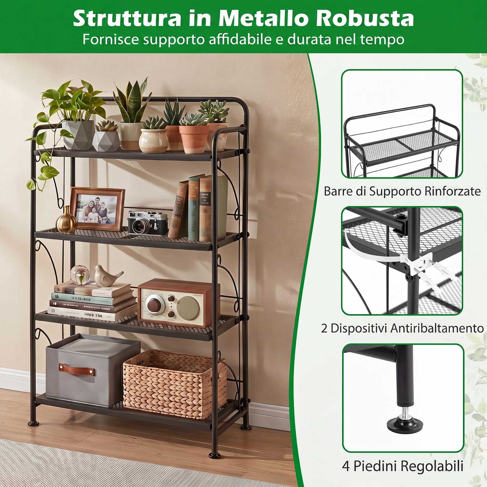COSTWAY Scaffale Portafiori in Metallo, Scaffale per Piante Verticale con 4 Ripiani Pieghevoli, Espositore Multiuso da Interno ed Esterno, per Giardino, Terrazza e Balcone, 60 x 25 x 100 cm