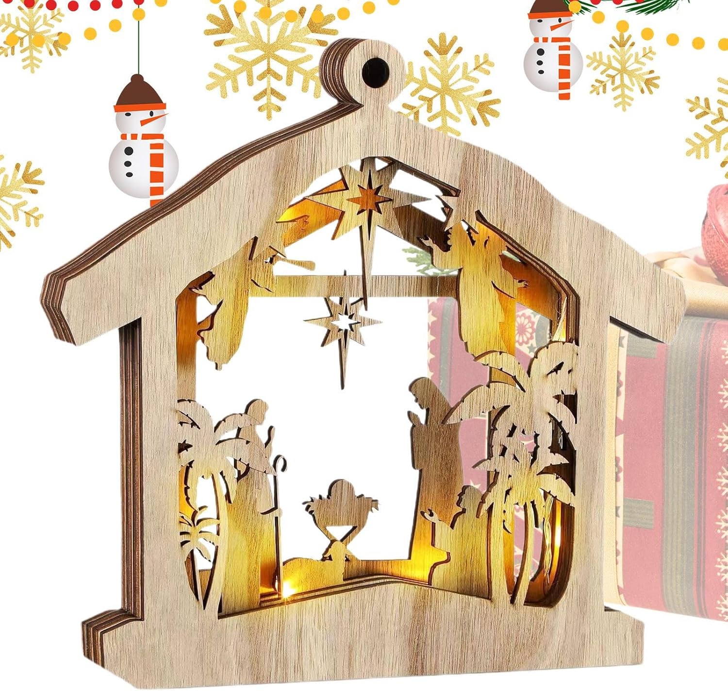 Christmas Nativity Scene Set,Wood Holy Family Table Centerpieces - Indoor Nativity Scene with LED Lights,for Fireplace Bedroom Office Desk Table Shelf Farmhouse Holiday