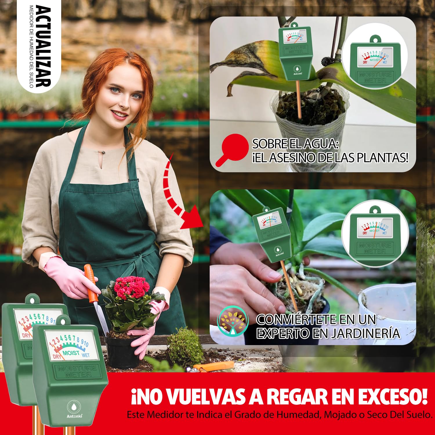 Antonki 2 Piezas Medidor Humedad Plantas, Higrometro Plantas de Suelo, Monitor de Riego de Flores para Plantas de Interior y Exterior, No se Necesitan Baterías