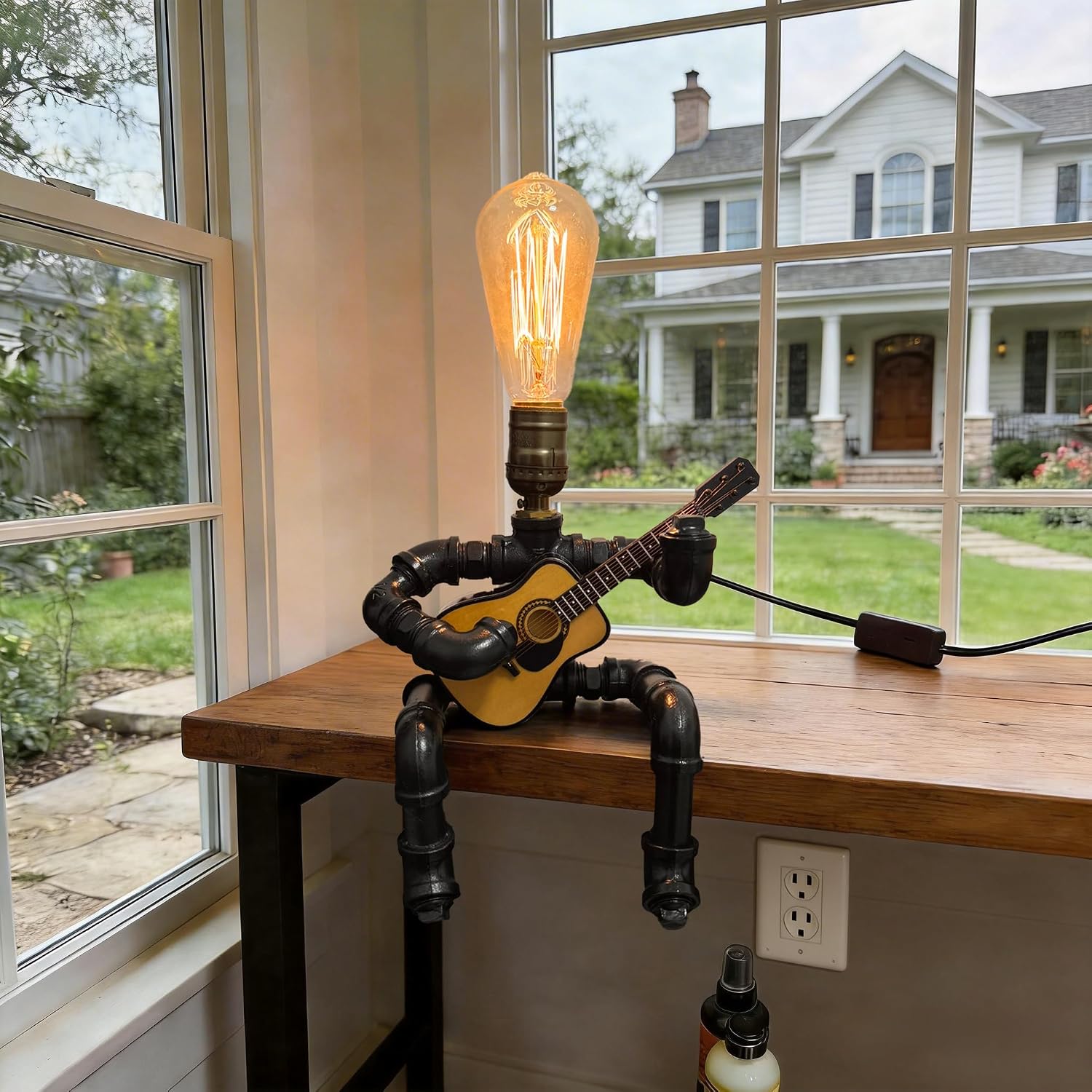Steampunk Industrial Vintage Guitar Table Lamp with Miniature Guitar, Cool Guitar Art Decor, Unique Gifts for Men Music Lovers & Players, Includes LED Edison Bulb (Acoustic Guitar) image 3