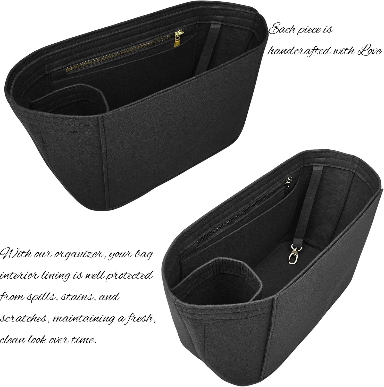 Organizer for Row Small Park Tote, Three Park Tote, Felt Bag Insert with Zipper Pocket Water Bottle Holder (Three Park, Black)