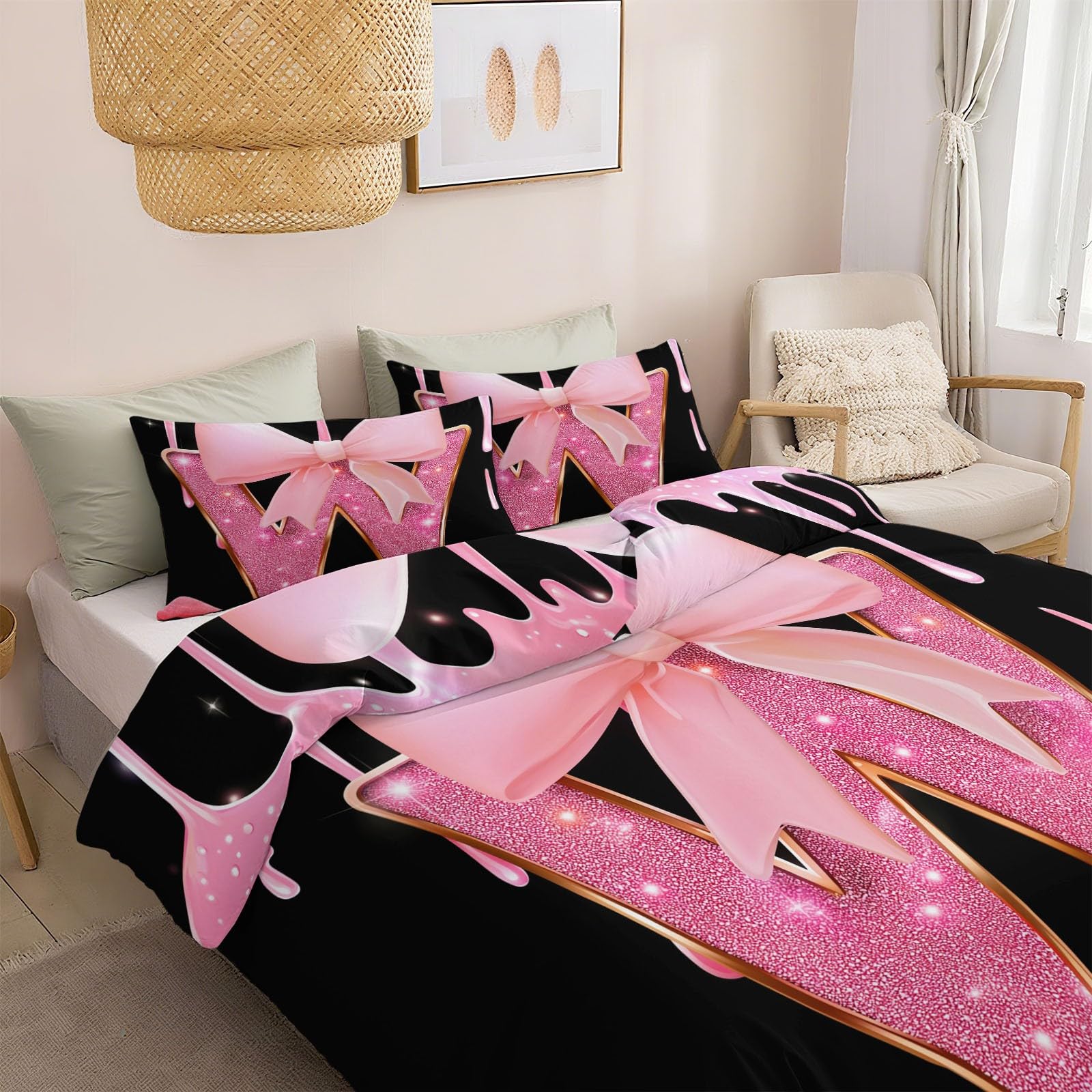 Zestaw pościeli 3 szt. czarna miękka dwustronna poszewka na kołdrę wystrój sypialni, super king 260 x 220 cm kołdra Setlove motyw kreskówkowy kokarda, drukowane puchowe kołdry na wszystkie pory roku