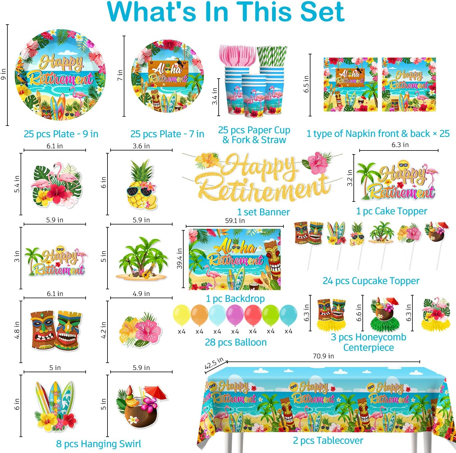 Tropical Retirement Party Decorations, Luau Aloha Hawaiian Beach Themed Retirement Party Supplies Including Banner Paper Plates and Napkins Sets Cake Toppers and 2 Pcs Tablecloth