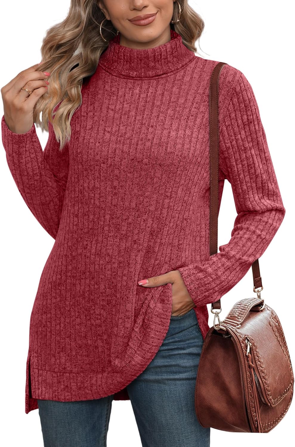 WIHOLL Womens Tunic Tops Turtleneck Long Sleeve Shirts Oversized Fall Sweaters Side Split High Low Hemline - Image 4