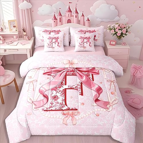 Erosebridal 7Pcs 3D Initial Letter F Full Size Comforter Sets with Bow Coquette 