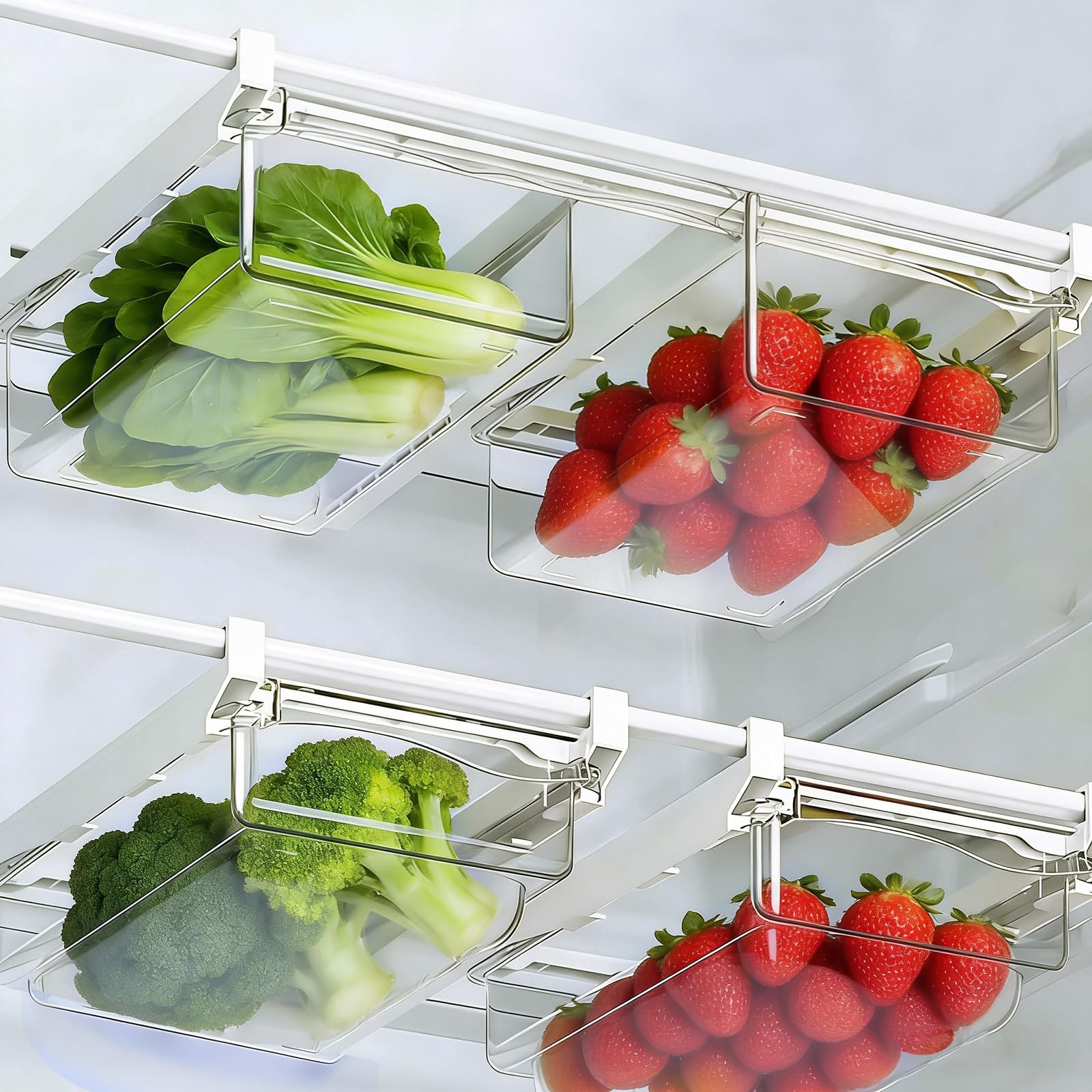 2PCS Organisateur Frigo Tiroir Coulissant Universel - Boîte De Rangement Réfrigérateur Extensible & Transparente - Bac Suspendu Pour Fruits, Légumes - Gain De Place & Installation Facile (Sans BPA)