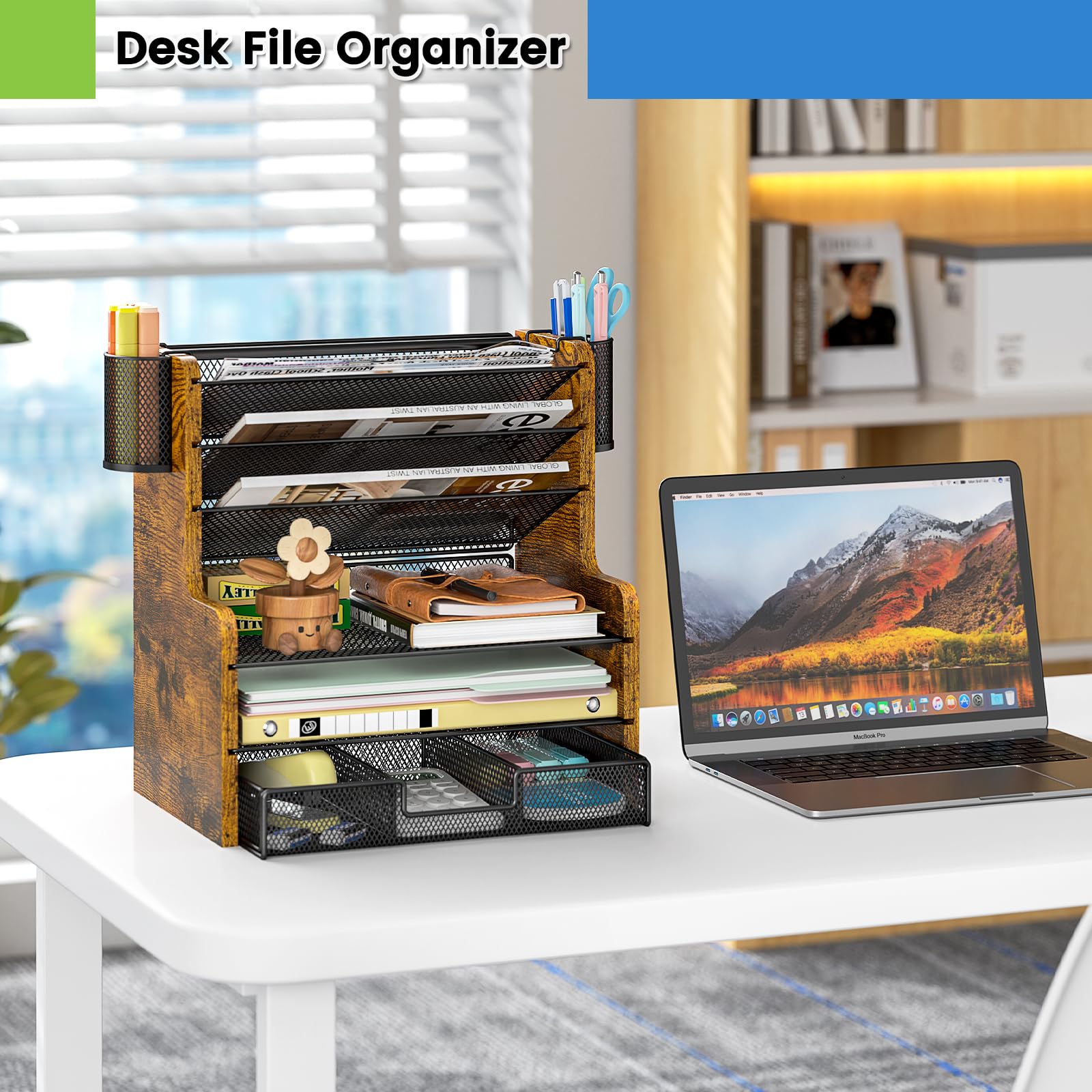 DAOUTIME Schreibtisch-Organizer mit 6 Ebenen, Netzstoff, Schreibtisch-Organizer aus Holz mit Stifthaltern, Schreibtisch-Organizer und Zubehör mit Schublade für Home Office