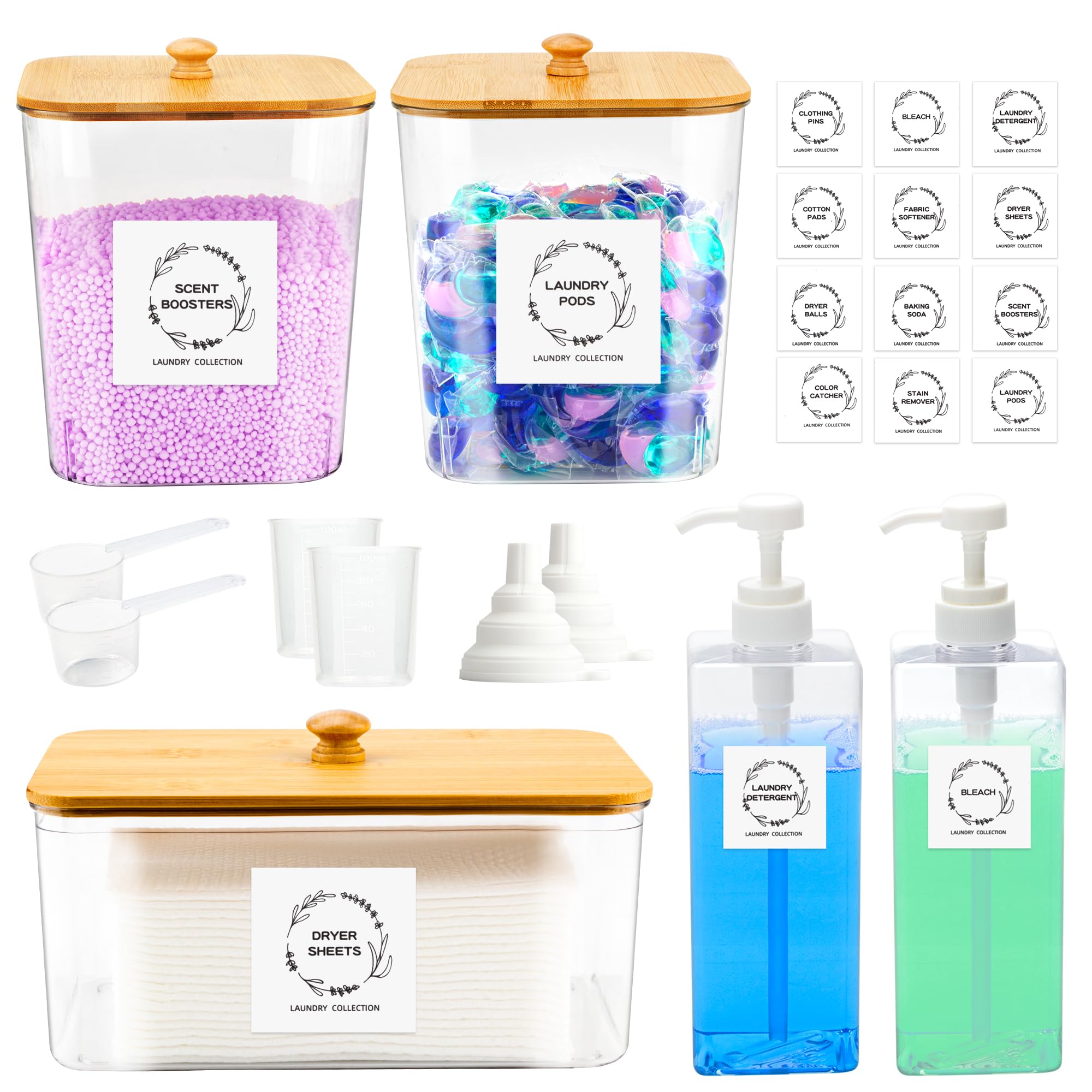 FEXIA 3+2 Pack Laundry Pods Containers and Dryer Sheet Holder with Laundry Detergent Dispenser Laundry Room Organization Storage Containers with Lids