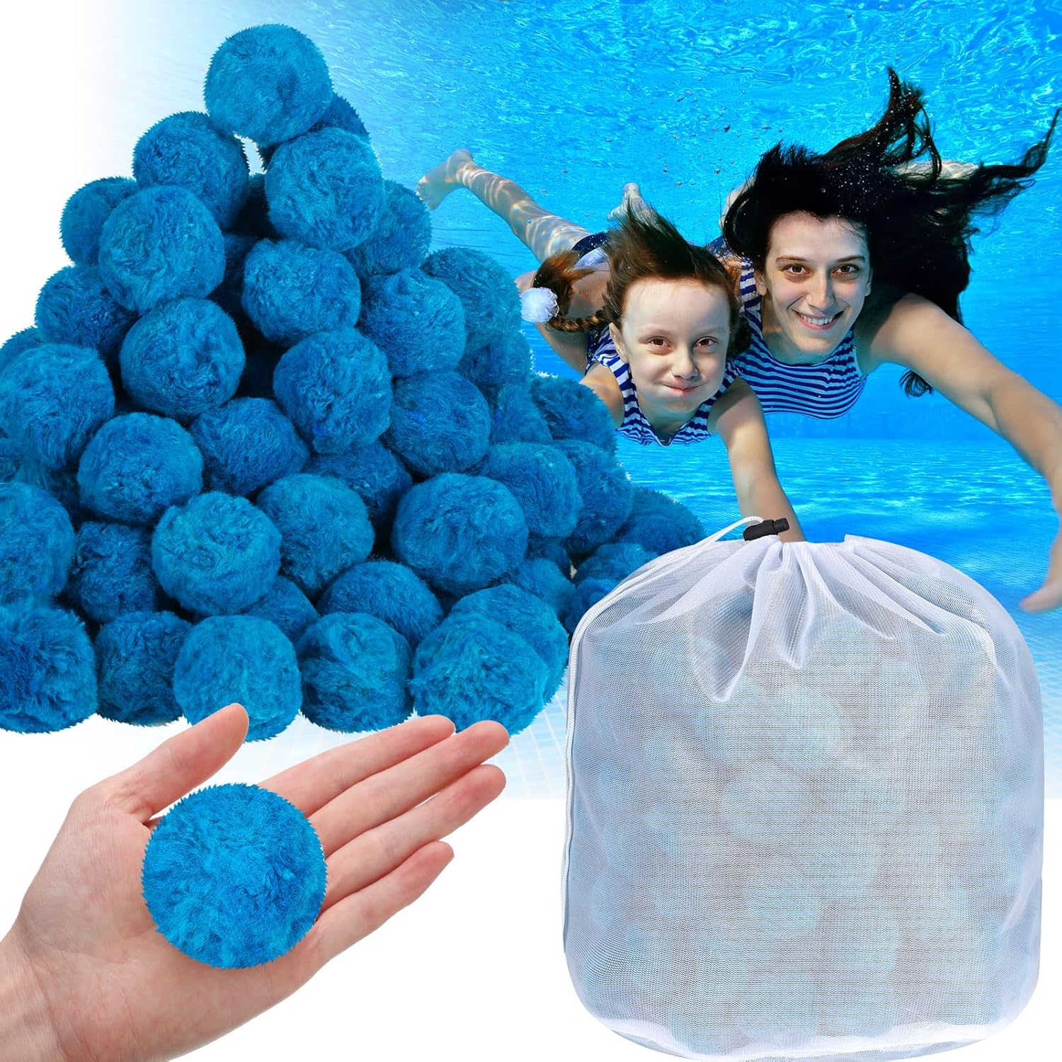 Zubebe 7.7 lbs Pool Filter Media Balls Fiber Filter Media for Swimming Pool Sand Filters and Bath Center Bathtubs Spas Aquarium Grime Cleaning Scum (Blue)