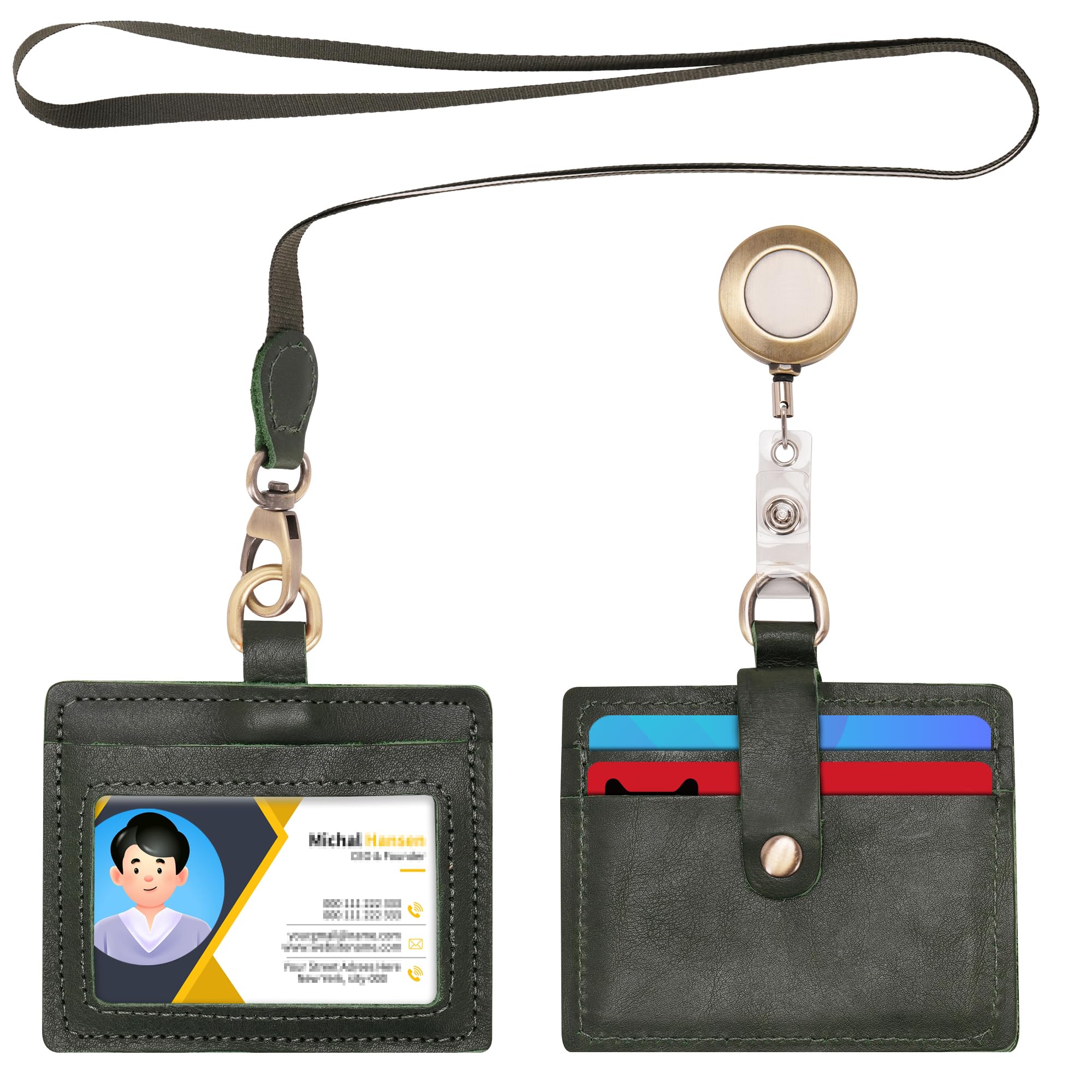 Wonderpool Leather Horizontal Badge Holder with Detachable Neck Lanyard and Retractable Badge Reel Clip