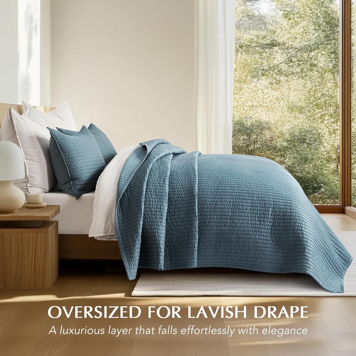 EVERGRACEHOME Cotton Sateen Quilt Set Queen Size, Pre-Washed Cotton Channel Stitch Coverlet Bedspread, 3 Pieces Lightweight Soft Bedding Sets for All Season, with 2 Pillow Shams, Sonoma Blue - Image 2