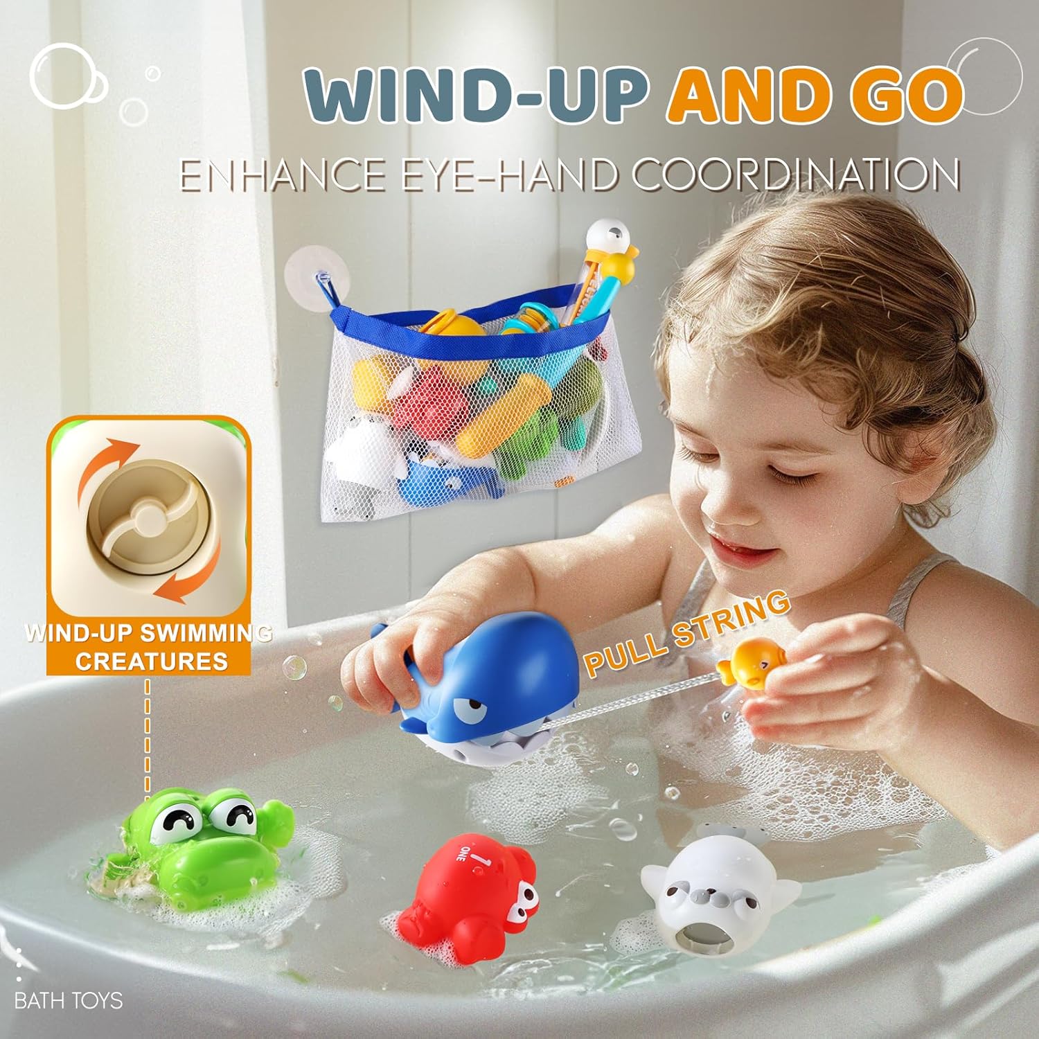 Aprilwolf Bath Toys for Kids, Magnetic Fishing Toys with Storage Bag and Light up Star, Wind Up Creatures Baby Bathtub Birthday Gifts for Toddlers 2-4 Boys Girls, 11 Pcs Set