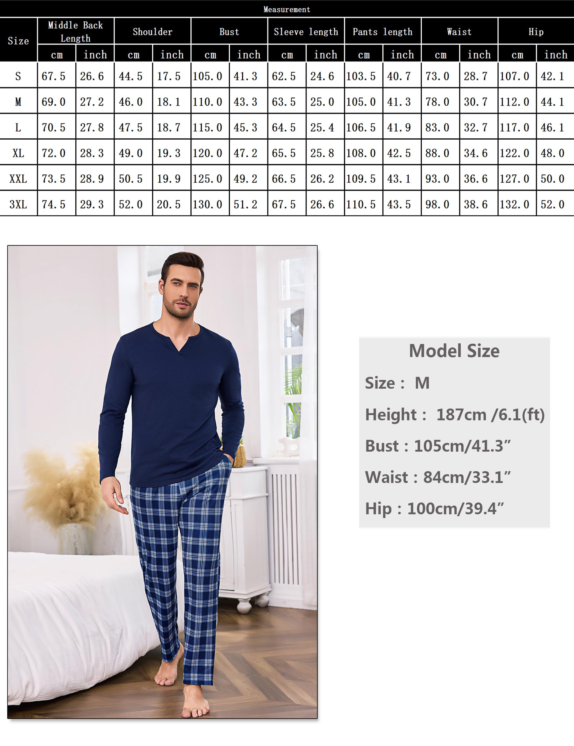 Bresdk Pyjama Homme Hiver Ensembles de Pyjama Coton Manches Longues Vêtements de Détente Doux Carreaux Long Loungewear 2 Pièces