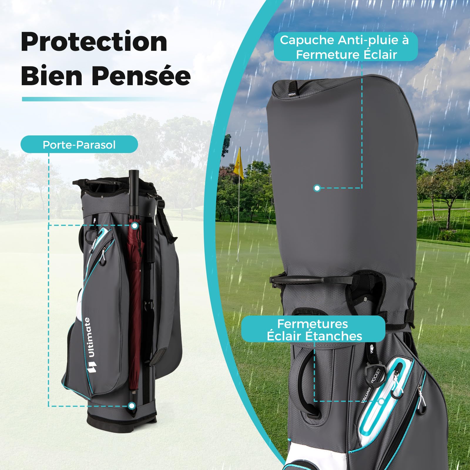 COSTWAY Sac de Golf avec 14 Compartiments sur Le Dessus, Sac de Rangement Portable pour Club de Golf avec Poche Isotherme Bandoulière Réglable Housse de Pluie et Porte-Parapluie