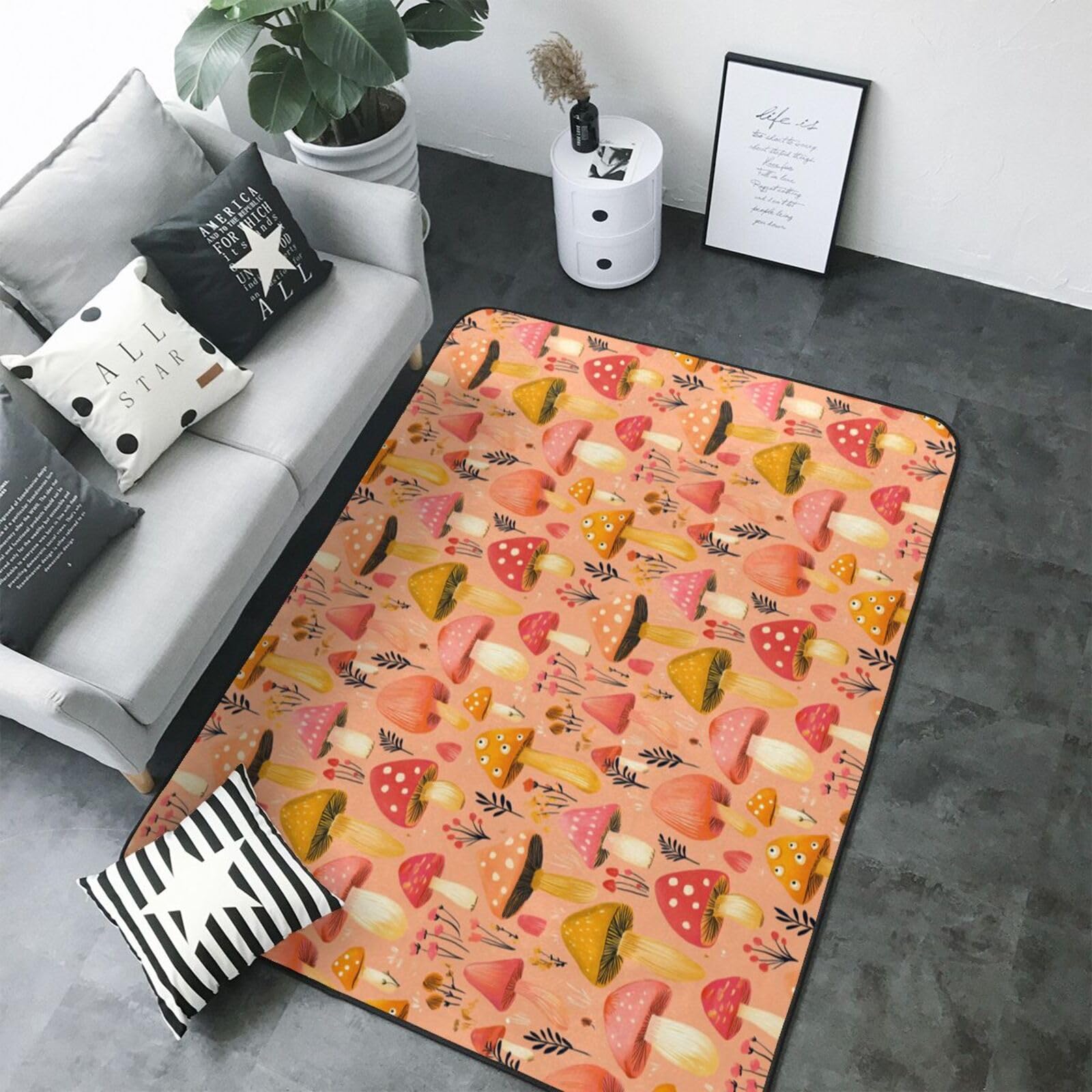 Tapis de salon antidérapant imprimé fleurs et champignons lavable pour éviter les taches