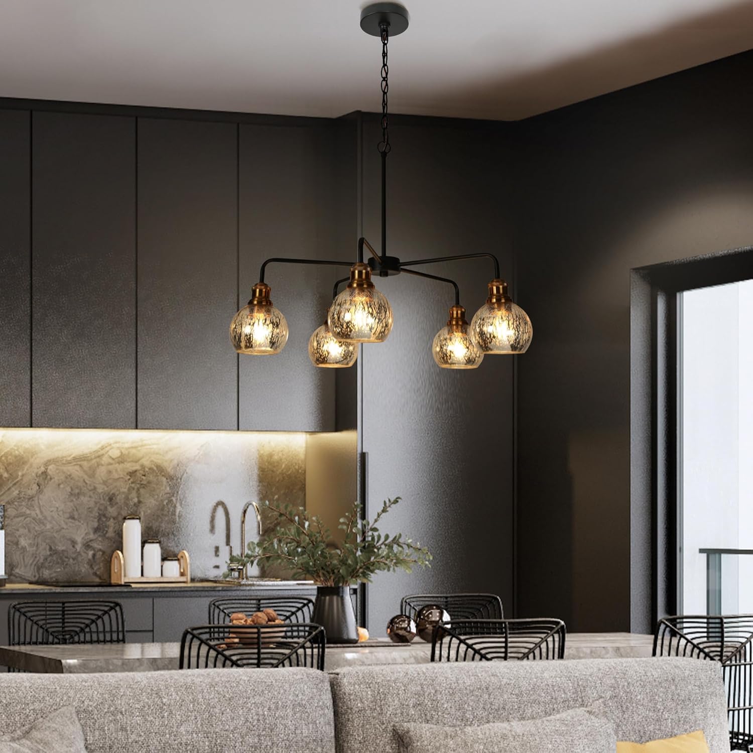 classy leaves Chandeliers for Dining Room, 5 Light Modern Chandeliers with Globe Mercury Glass Black and Gold Kitchen Island Lights for Living Room, Dining Room, Bedroom