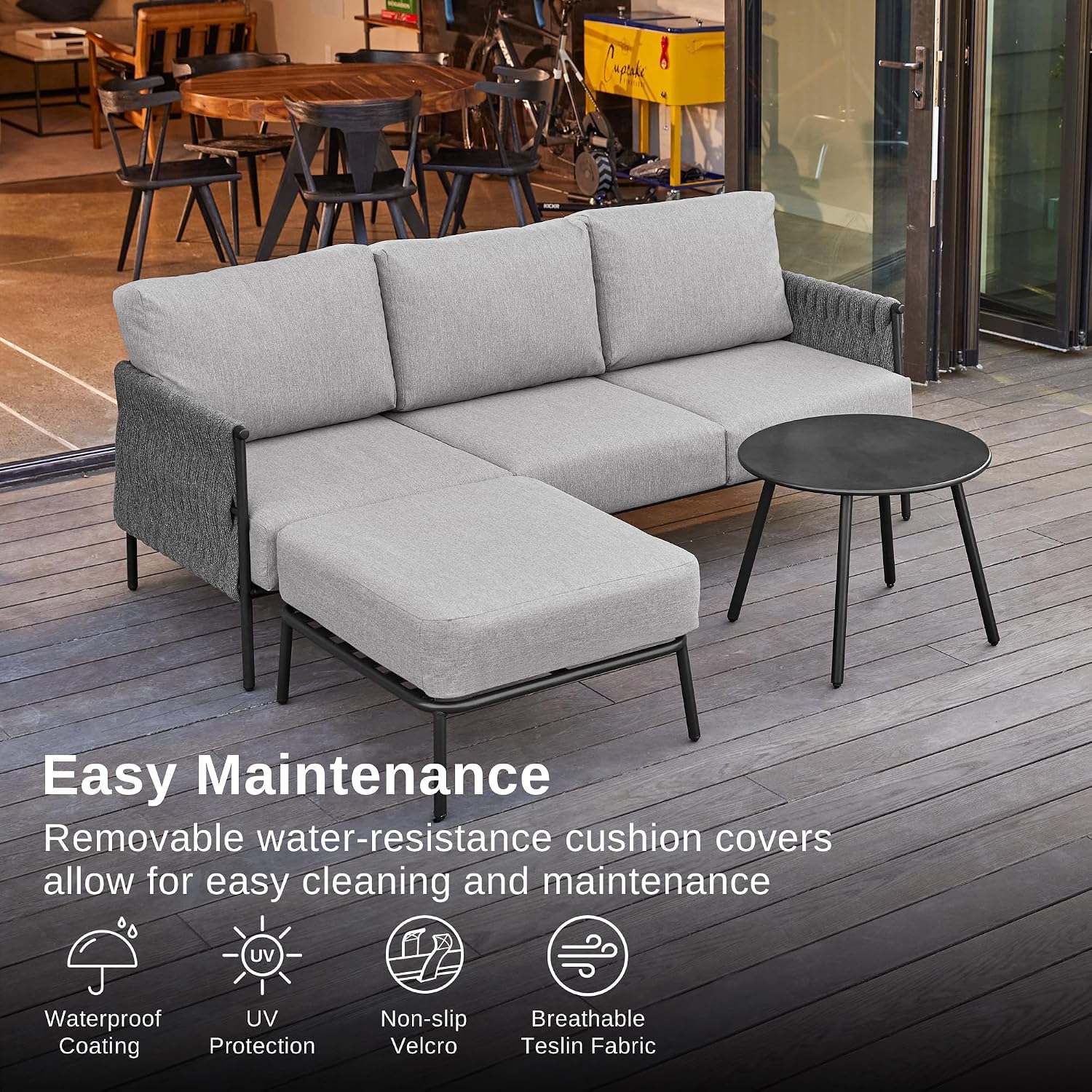 EAST OAK Patio Furniture Set, Outdoor Furniture Sectional Sofa Set with Round Coffee Table, 4 Seats Sofa Deep Seating with Thick and Washable Cushions, Earth Black & Misty Grey