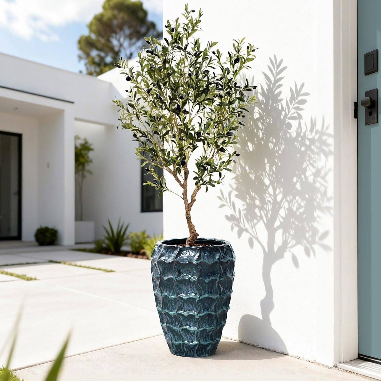 LuxenHome 14" Tall Ceramic Planter Pot for Indoor Outdoor Plants with Geometric Texture, Large Garden Plant Pots with Drainage Hole, Blue