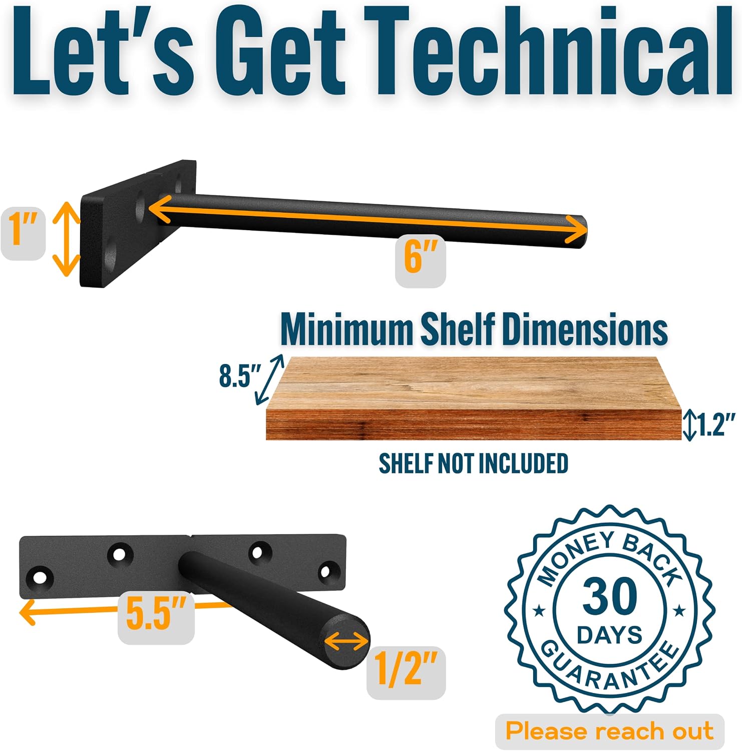 EVALD The Heavy Duty Floating Shelf Bracket – Heavy Duty Floating Shelf Hardware - 4X Floating Shelves Brackets ½" Diameter, 16x Premium Screws & 32x Anchors Hidden Shelf Brackets 6 Inch