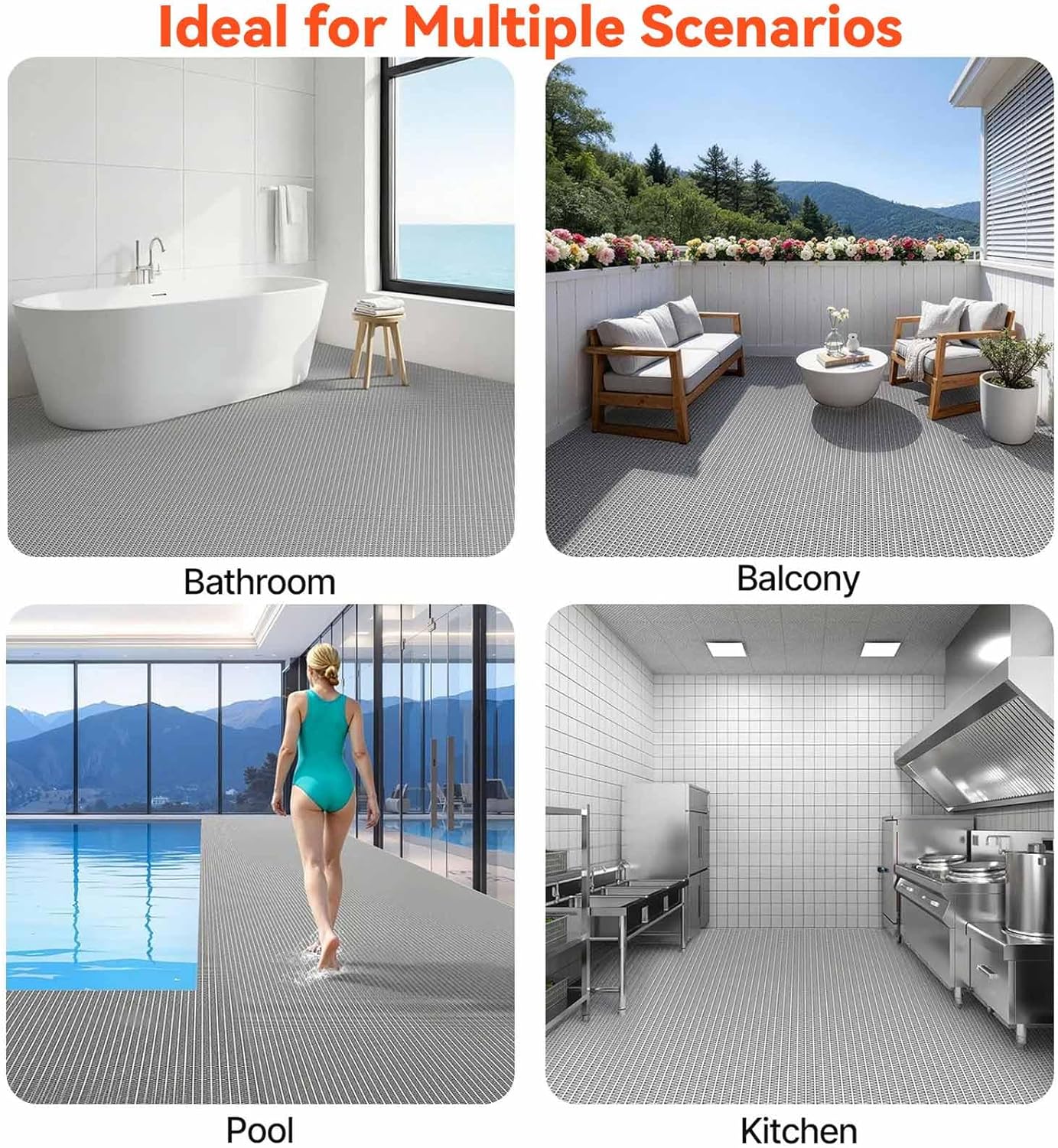 Drainage Non Slip Floor Mat 3x5 FT, Heavy-Duty PVC Rubber Runner Mat, Cuttable Flooring Roll for Wet Areas in Bathroom, Pool, Garage, Kitchen, Sauna, Indoor Outdoor Use, Gray