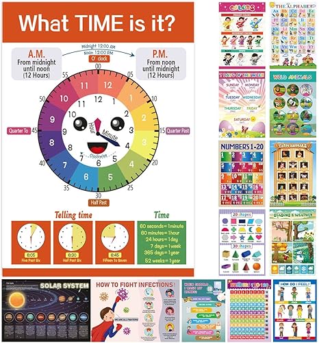 16 pósteres preescolares SIMMBA  Suministros de escuela en casa de jardín de infantes  Póster del alfabeto para niños pequeños  Póster del sistema