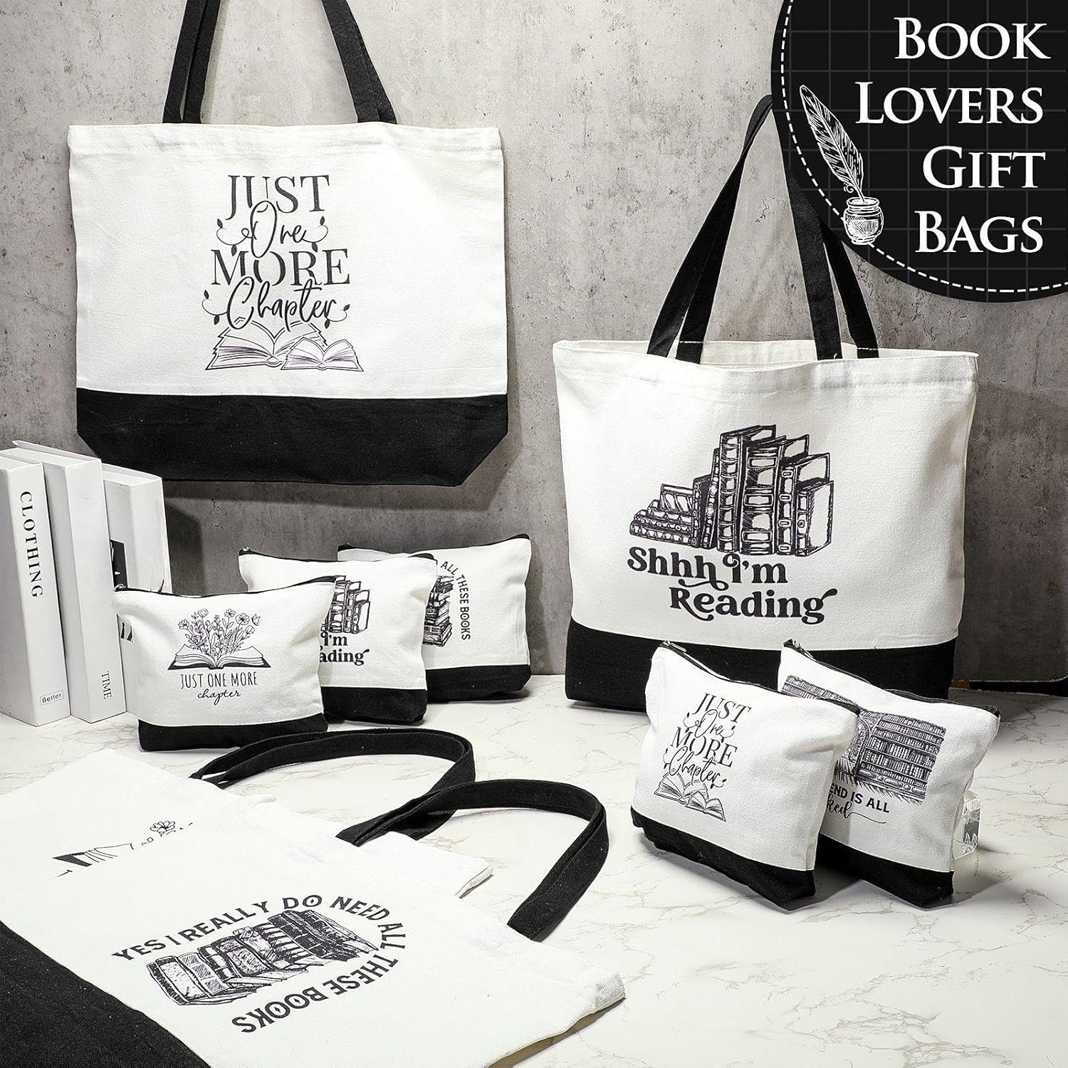 12 Pcs Book Lovers Gifts Book Club Tote Bag Reading Quote Makeup Reusable Cosmetic Bag with Metal Zipper Bookish Librarian Appreciation Gifts for Women Bookworm Teacher Student