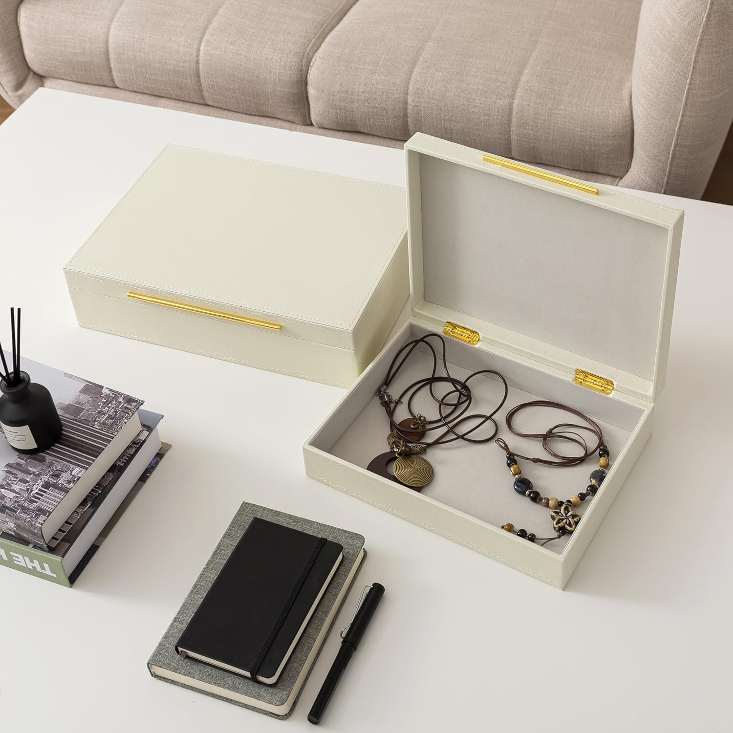 Soul & Lane Faux Leather Decorative Boxes with Lids and Gold Hardware for Home Decor, Set of 2 Stacking Hinged Boxes for Coffee Table and Living Room Shelves, Nesting Remote Control Holder, Ivory