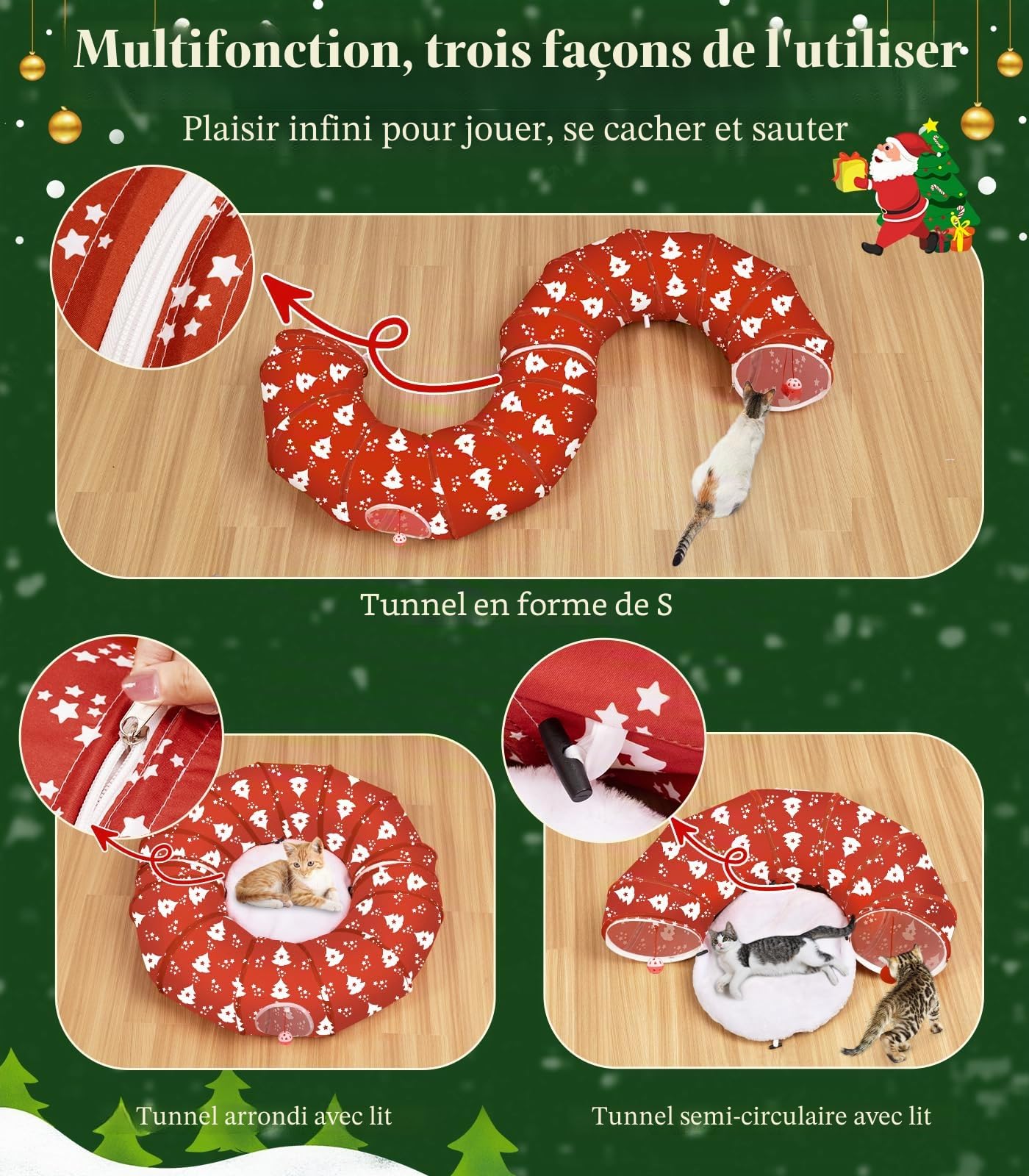 Pawaboo Lit Tunnel Noël Chat 35,4", Sapin Noël | Tunnel avec tapis, balles en peluche et grelots pour jouer, se cacher et se reposer.