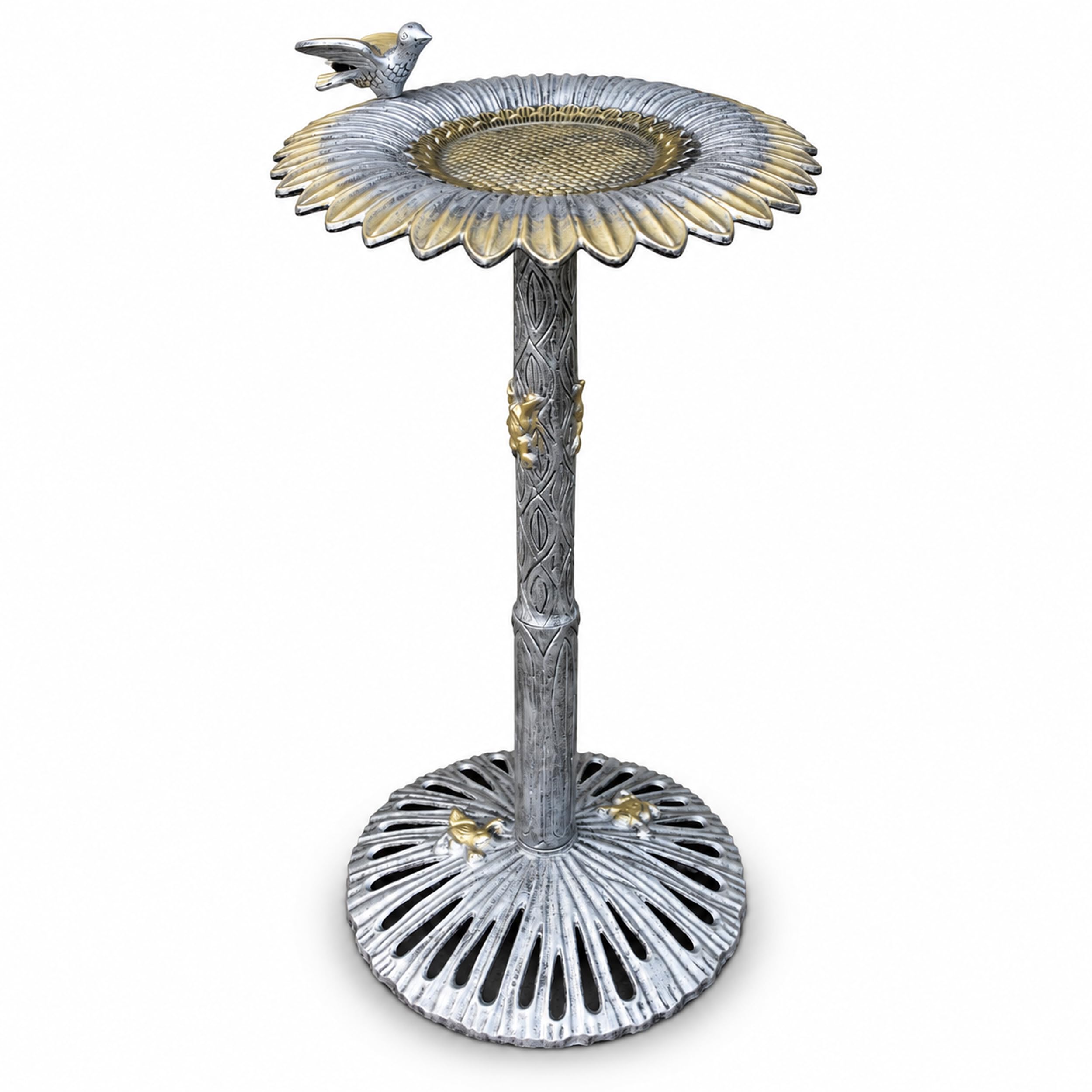 Oakland Living 5065AP Antique Pewter Sunflower Design Aluminum Birdbath, Silver
