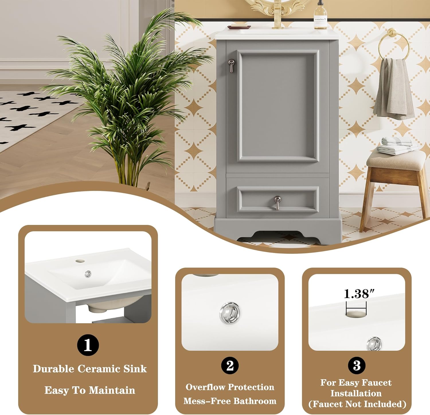 Merax 20 inch Bathroom Vanity with Ceramic Sink, Modern Bathroom Sink Storage Cabinet with Soft Close Door, Adjustable U-Shaped Shelf and Drawer, Small Single Sink Bathroom Vanities, Grey