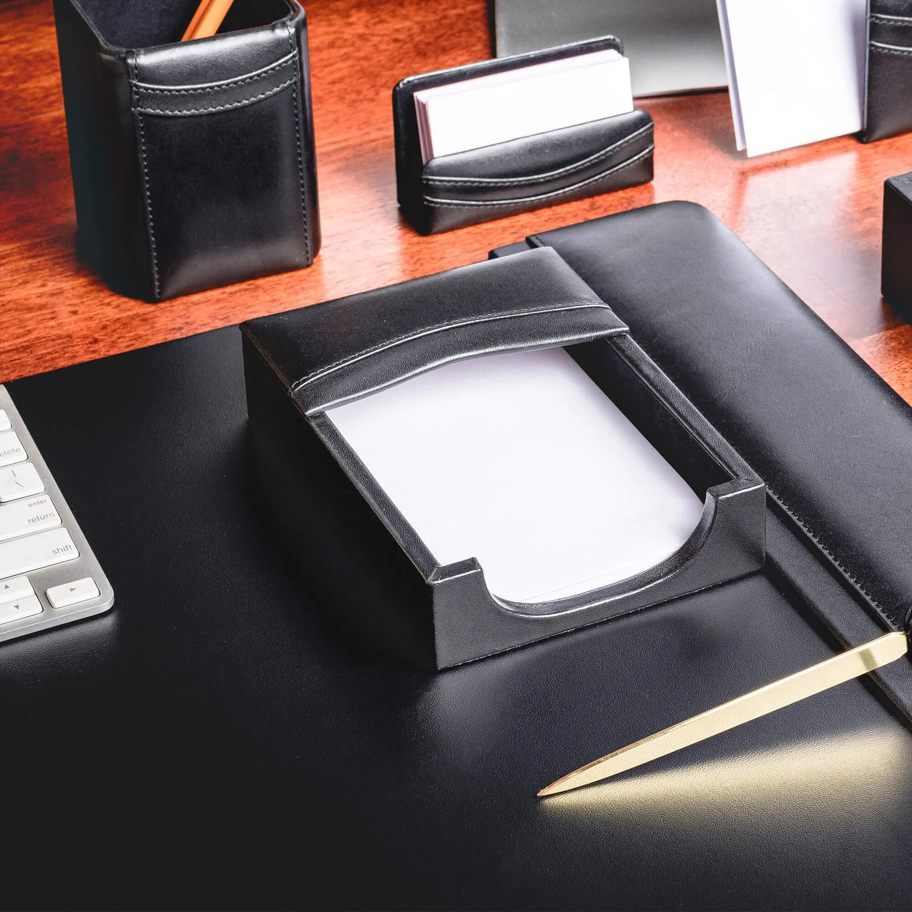 Dacasso Set da scrivania in pelle nera, 11 pezzi – Sottomano da scrivania in pelle di lusso e elementi essenziali per l'organizzazione della scrivania – Organizzazione dell'ufficio e decorazione per