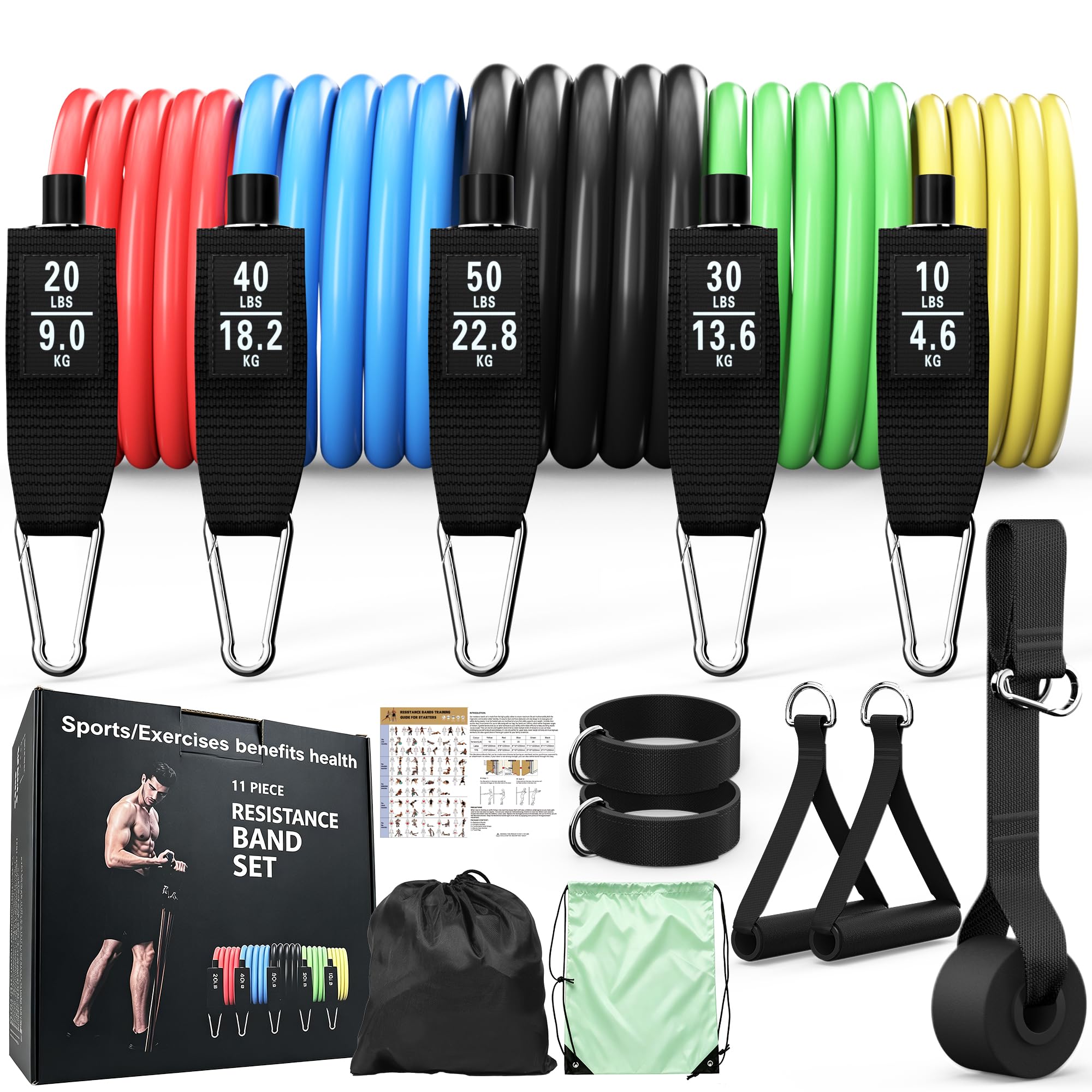 Resistance Bands Set with Handles, Exercise Bands for Working Out, Home Gym Workout Bands, Fitness Equipment for Men & Women Strength Training - Green Carry Bag