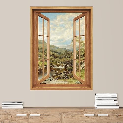 SIGNWIN Adhesivo removible de paredmural de pared, vista de ventana, estilo vintage, bosque, río, cordillera, naturaleza, vida silvestre, bellas