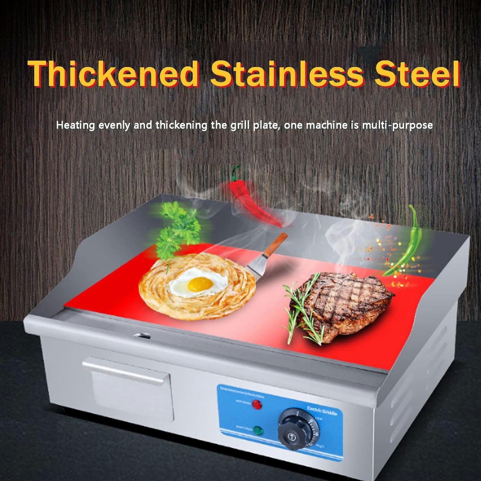 Piastra Elettrica in Acciaio Inox Piastra Antipasto Professionale Piastra di Cottura Elettrica con Vassoio Antispruzzo da 50℃ a 300℃, Piastra Elettrica Riscaldante, per Ristoranti Commerciali,818-1pc