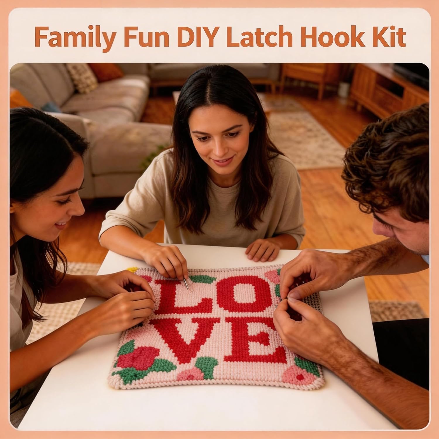 Miaceito Pre-Printed Love Latch Hook Pillow Kits for Adults Beginners, DIY Latch Hook Kits Includes Wooden Hook to Make 17x17 Inch Home furnishings Sofa Decoration DIY Gift for Mom