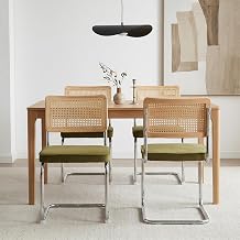 Mid Century Modern Dining Chairs Set of 4, Rattan Dining Chairs with Cane Back and Upholstered Seat, Chrome Cantilever Metal Frame, Kitchen & Dining Room Chairs, Sillas de Comedor Green