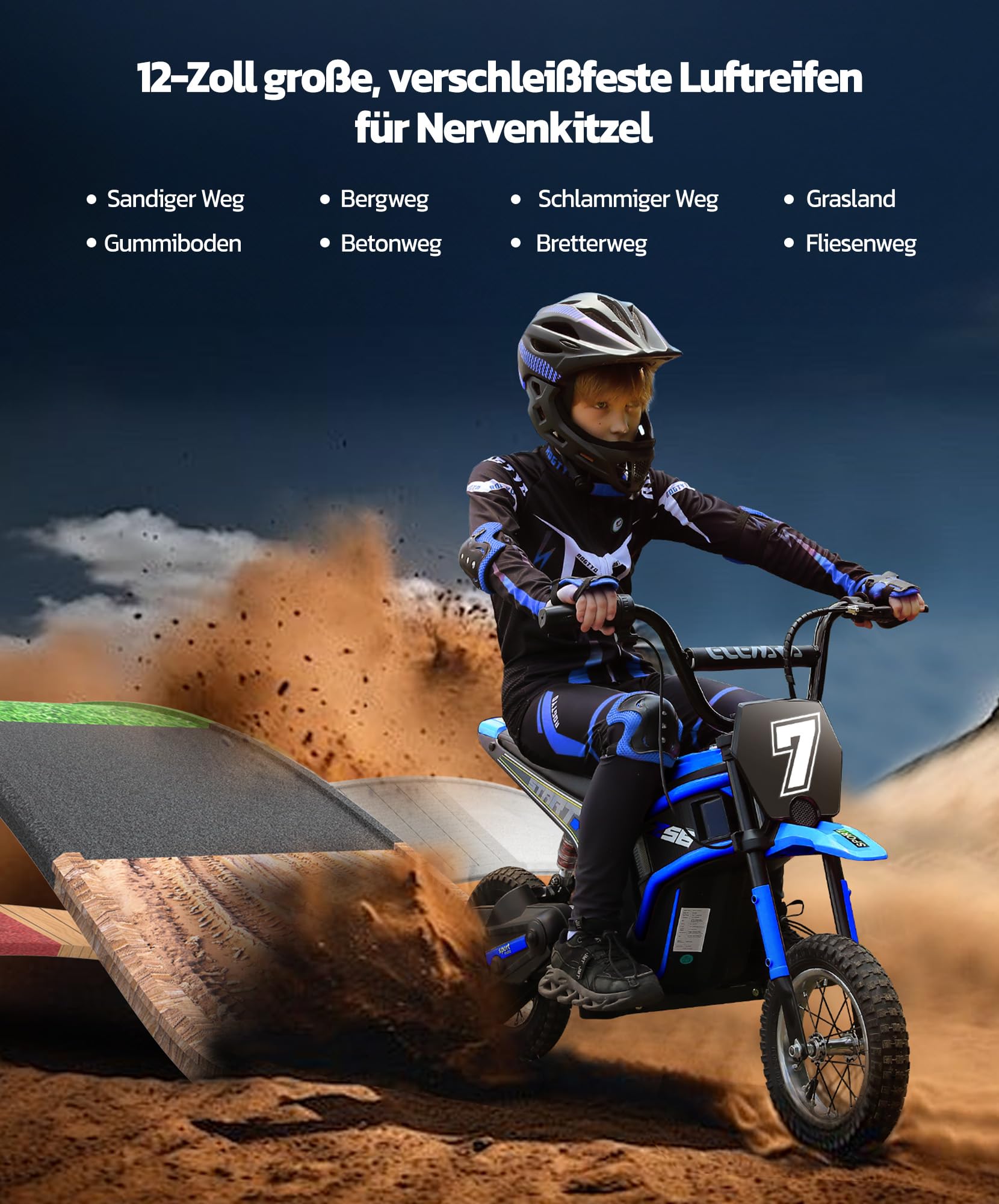 ELEMARA 24V Motorrad Elektrisch für Kinder, 250W Dirt Bike W/Rücklichtern,Musik,22,5 KM/H & 150 KG Max, Kettenantriebsmotor,Drehgasgriff & Handbetätigte Hinterradbremse,12" Luftreifen-Blau