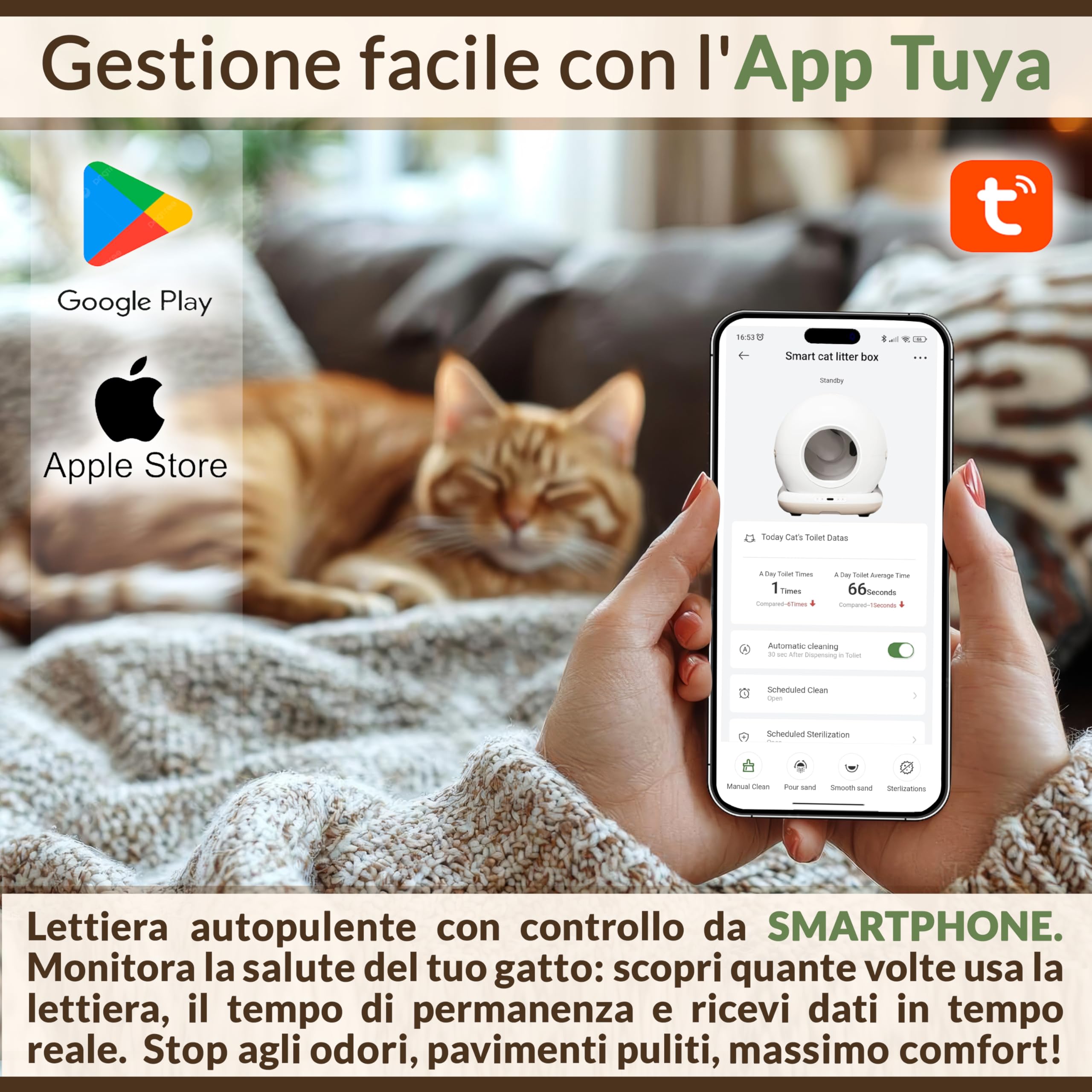 SYBILPET Lettiera Gatto Autopulente Automatica, Antiodore, Capacità Massima 72L con Monitoraggio App e Deodorante Sostituibile per un Ambiente Fresco e Privo di Odori.