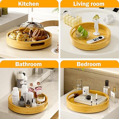 Miniatura 6 de Organizador Lazy Susan Homerays de 12 Pulgadas de Bambú Antideslizante para Cocina, Estante Giratorio de Especias con Asas, Mesa Giratoria de Madera
