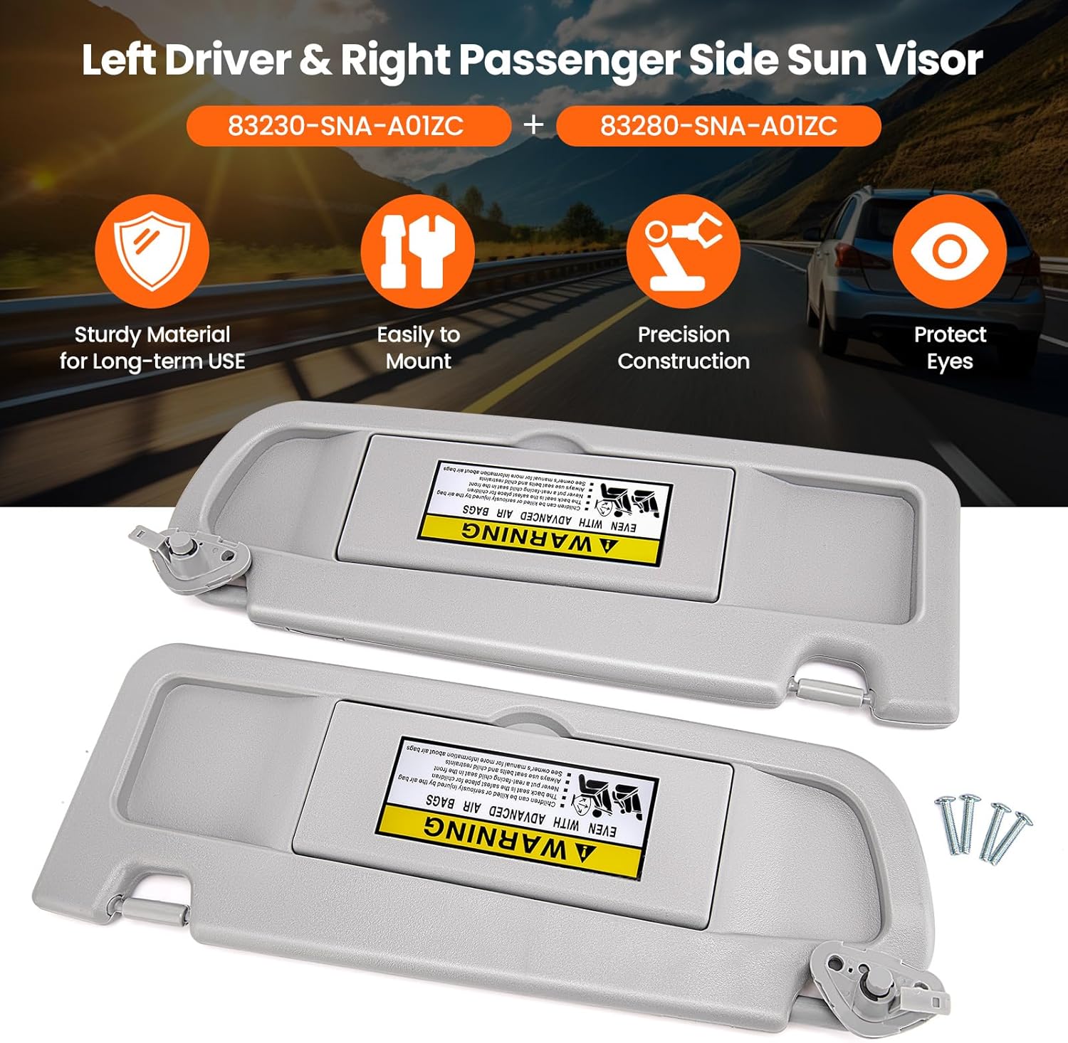 Left and Right Sun Visor Compatible with Honda Civic 2006-2011, Replaces 83280-SNA-A01ZC, 83230-SNA-A01ZC, Gray with Mirror, Exact Fit Driver and Passenger Side (EX, LX, Sedan, Coupe)