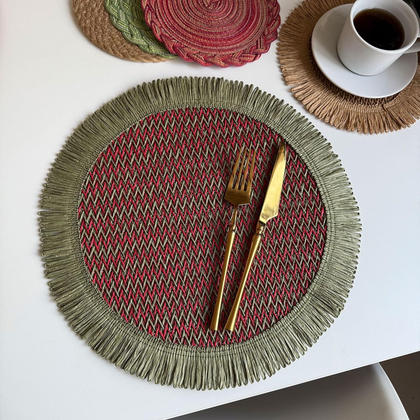 Sets de table ronds en corde de papier tressée 35 cm bohème (D, 8 pcs)