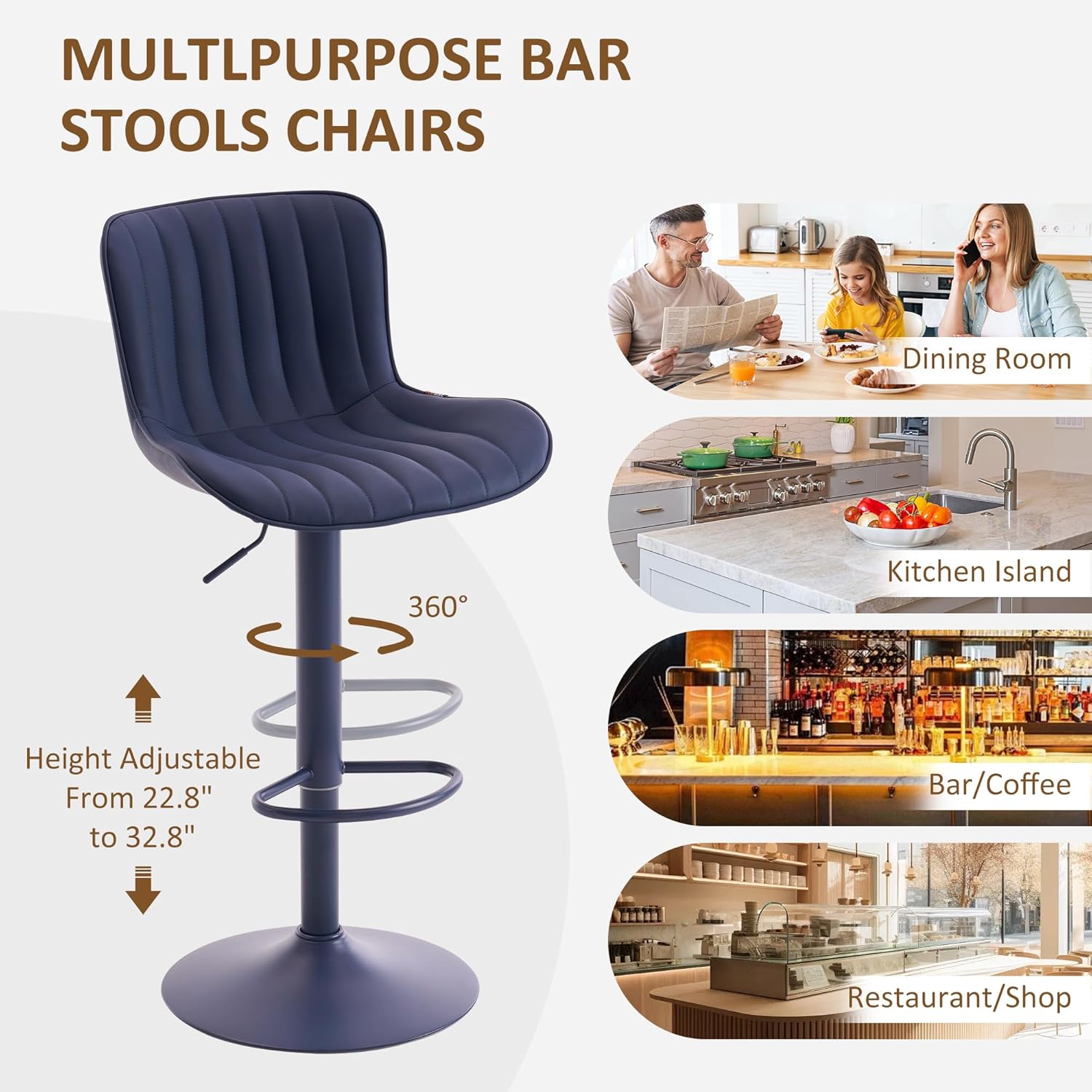 YOUNIKE Bar Stools Set of 2 with Padded Back Adjustable Height Comfy Upholstered Faux Leather Bar Chairs Modern Swivel Kitchen Counter Barstools for Home Breakfast Island Navy Blue