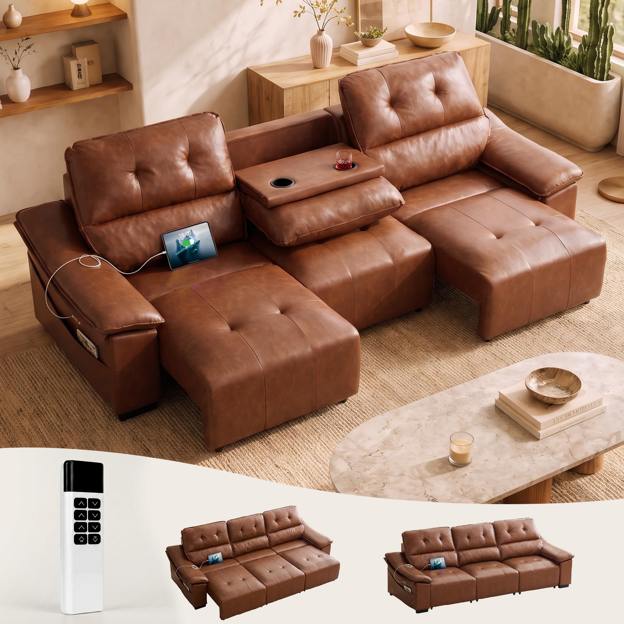 110’’ Electric Leather Recliner Couch, Power Extendable Pull Out Sofa Bed
