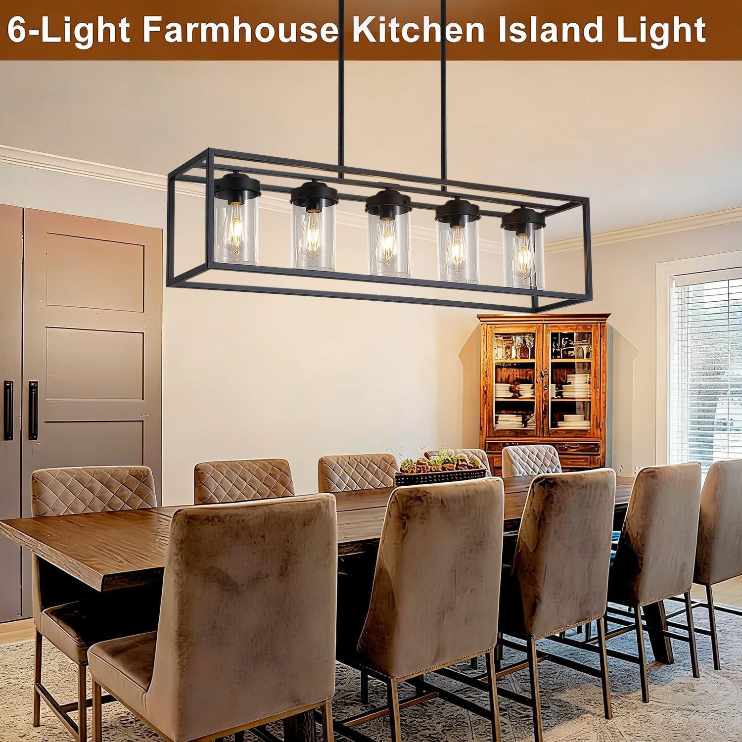Black Farmhouse Dining Room Light Fixture，Clear Glass Rectangular Chandelier，Updated Industrial Kitchen Island Light Fixture,Rustic Chandelier for Dining Room