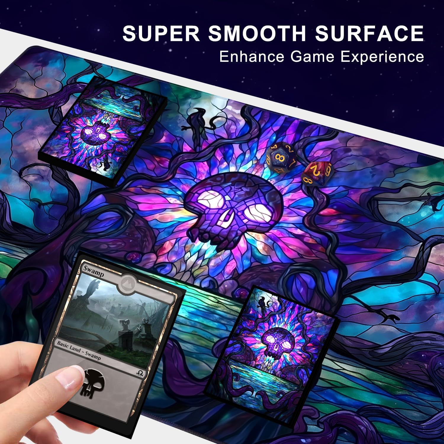 Katomula MTG Playmat, TCG Card Game mat, Stitched Edge, Non-Slip Rubber Bottom - 24 x 14 inch - Swamp