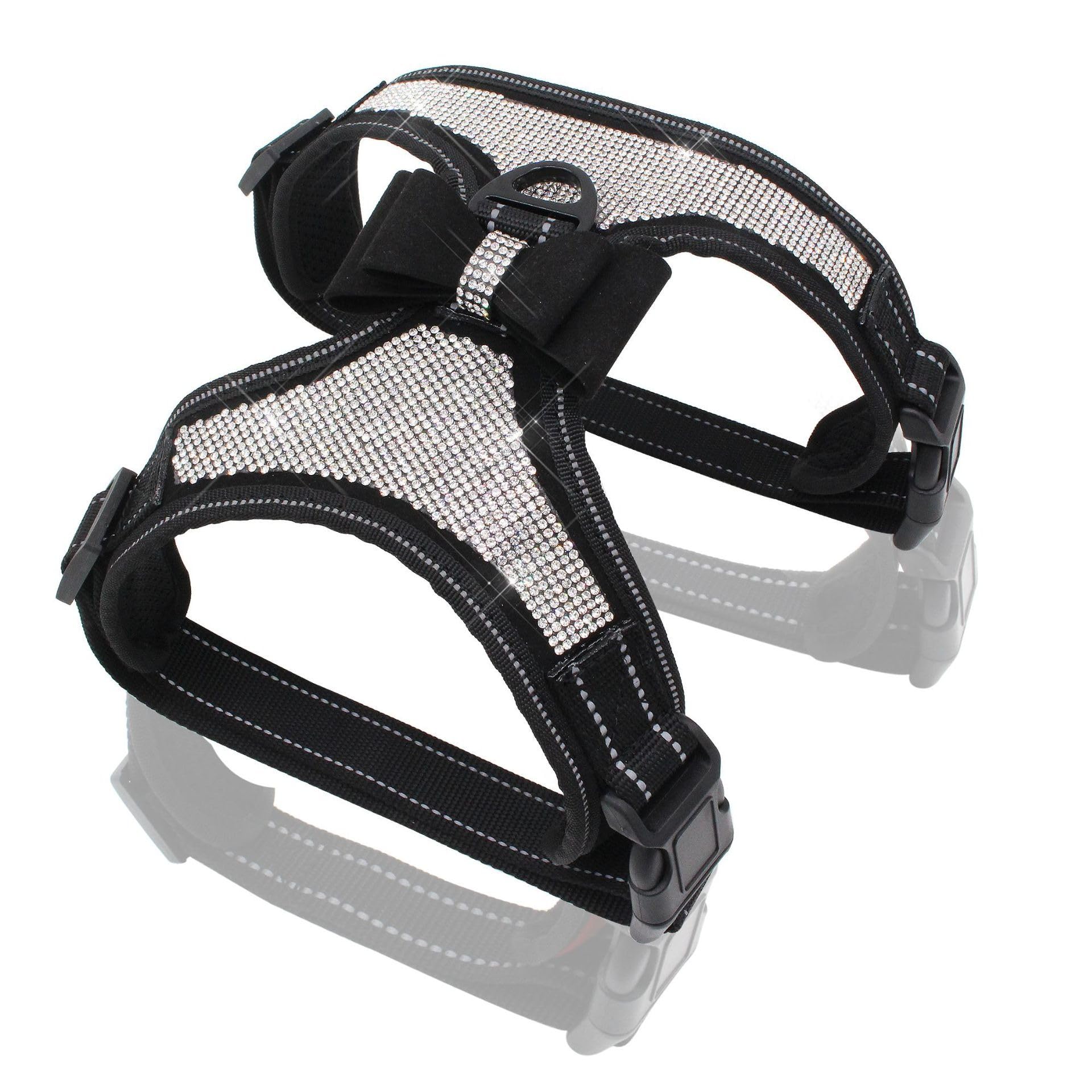 Rhinestone Dog Harness, Large medium and small breathable Sparkly Bow Tie Vest Harnesses dog leash for Dogs Walking,Party and Wedding(Black L)